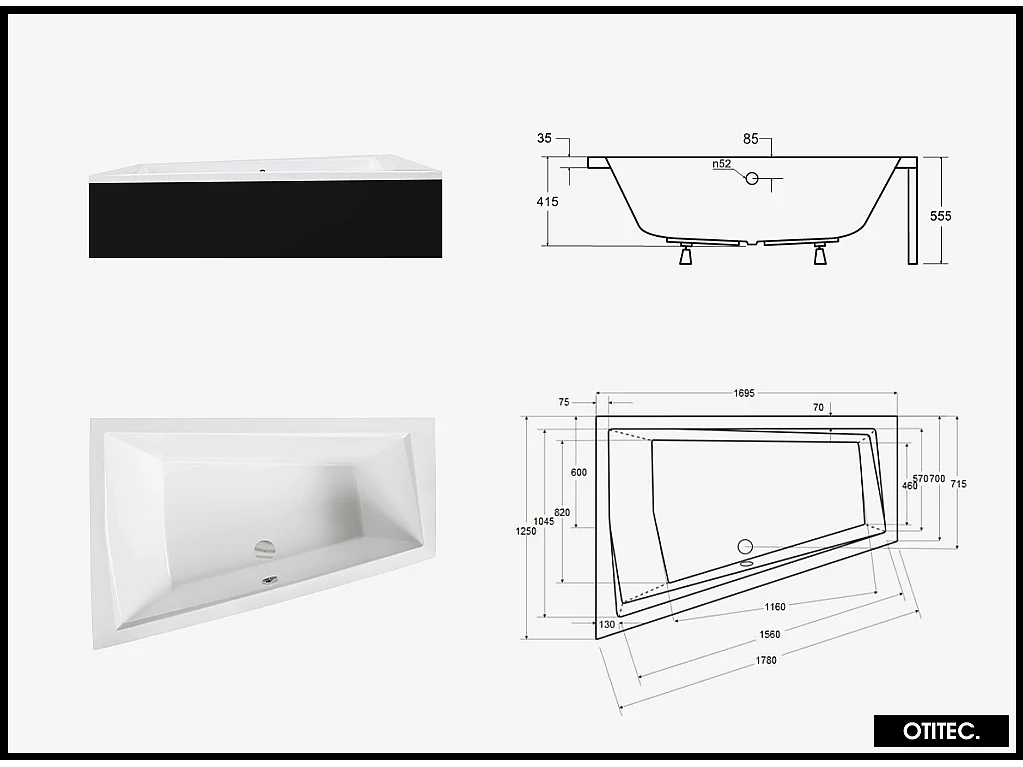 Baignoire Asymétrique avec Tablier Noir - 170 x 125 cm - GAUCHE - INTIMA DUO - 2 REPOSE-TÊTES OFFERTS