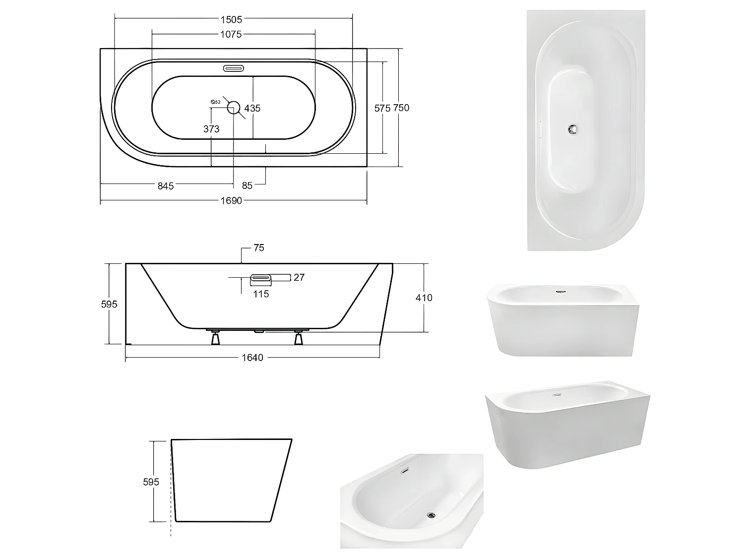Baignoire d'angle Noir et Blanc + Siphon Graphite et Vidage inclus + Repose tête  -  AVITA S CLASSE - DROITE - 170 x 75 cm