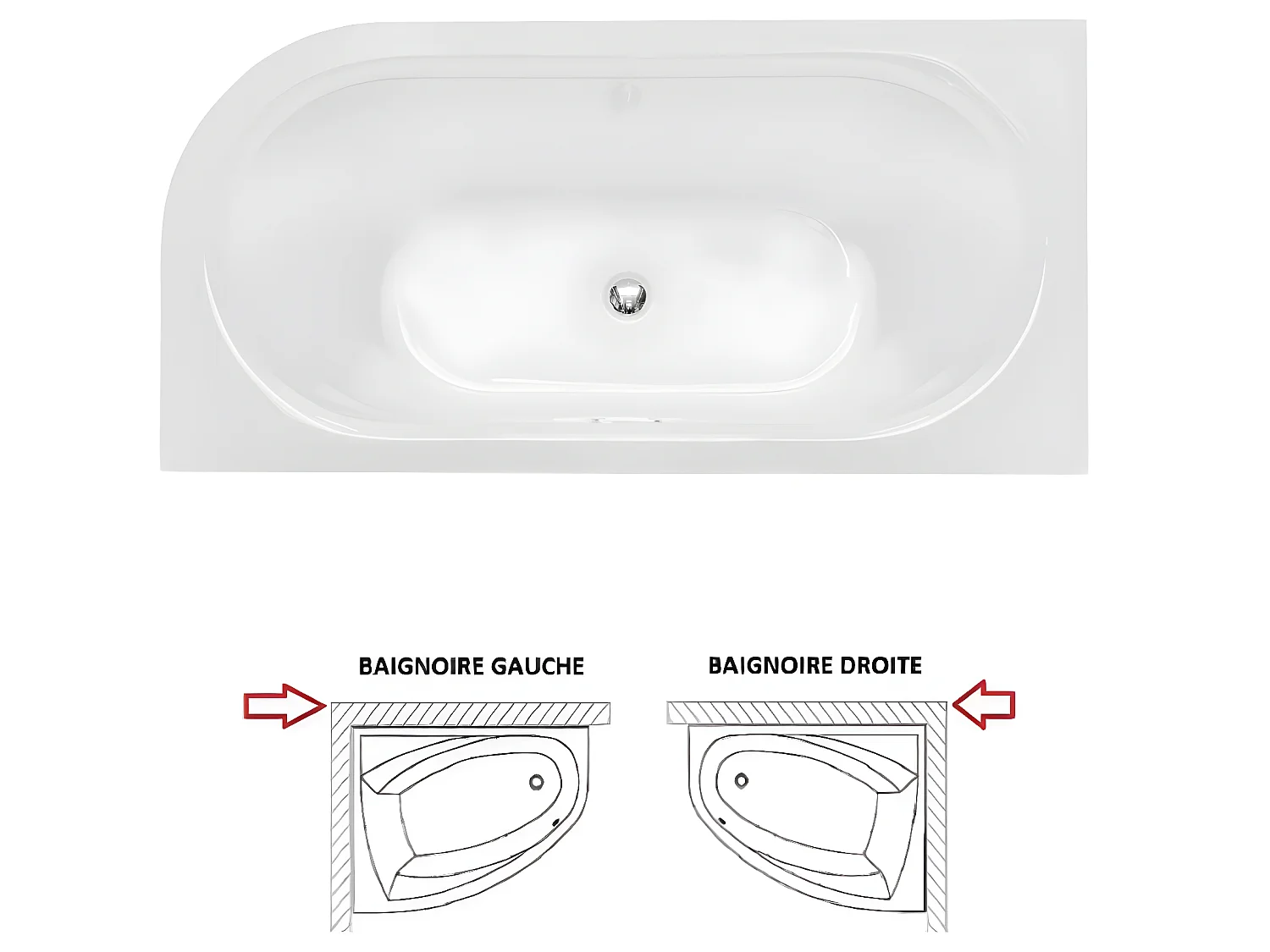 Baignoire d'angle Noir et Blanc + Siphon Graphite et Vidage inclus + Repose tête  -  AVITA S CLASSE - DROITE - 170 x 75 cm