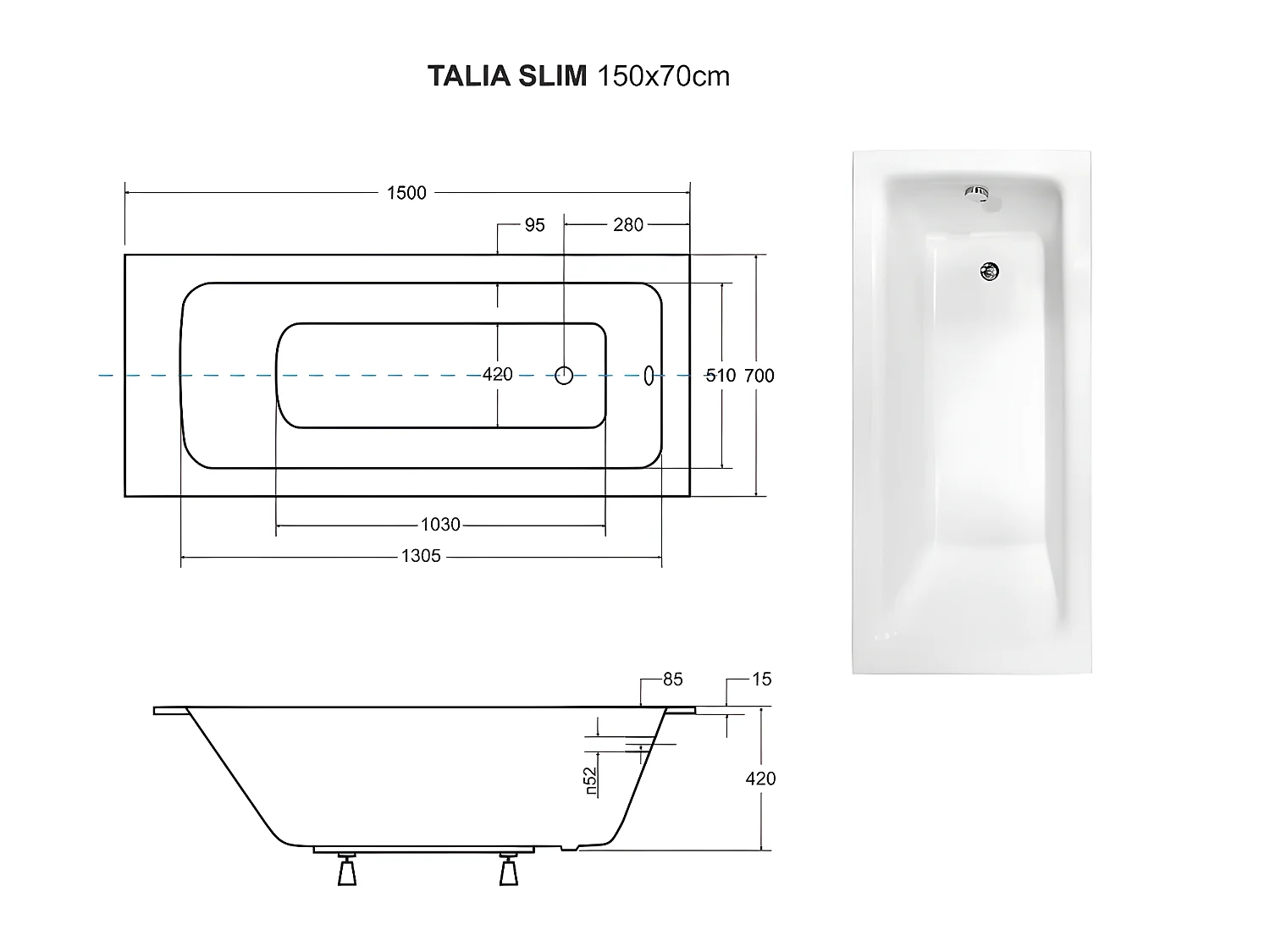 Baignoire rectangulaire blanche à encastrer + repose tête - 150 x 70 cm - TALIA SLIM