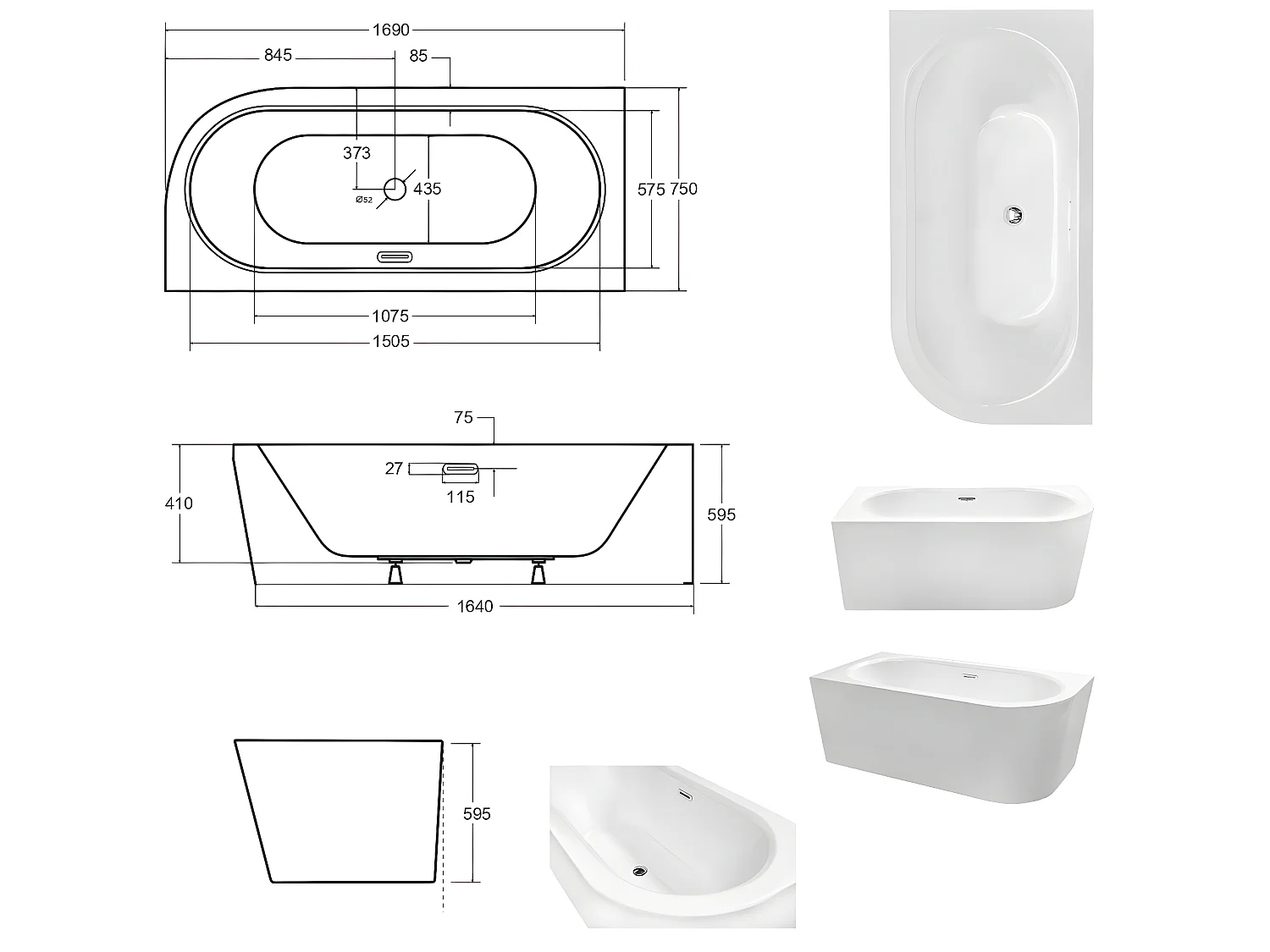 Baignoire d'angle Blanc + Siphon Chrome et Vidage inclus + Repose tête  -  AVITA S CLASSE - GAUCHE - 170 x 75 cm
