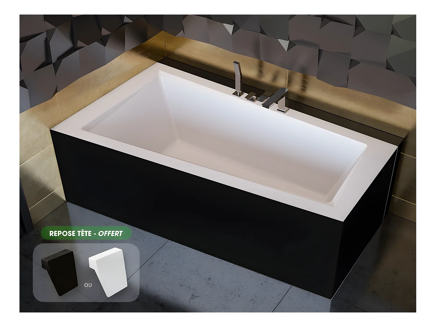 Baignoire asymétrique  + tablier noir + repose tête - INTIMA - 150 x 85 cm - Gauche