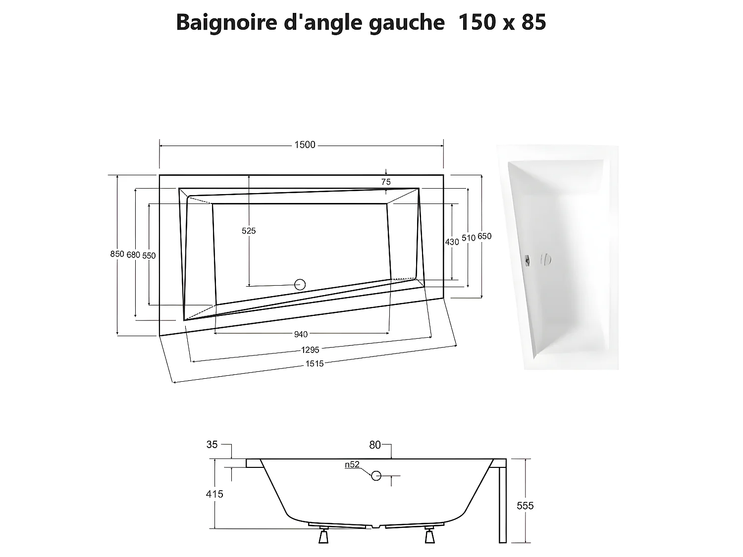 Baignoire asymétrique  + tablier noir + repose tête - INTIMA - 150 x 85 cm - Gauche