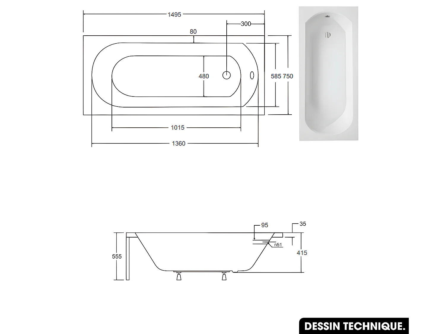 Baignoire rectangulaire - avec Tablier Blanc et Repose Tête OFFERT | INTRICA | 150 x75 cm