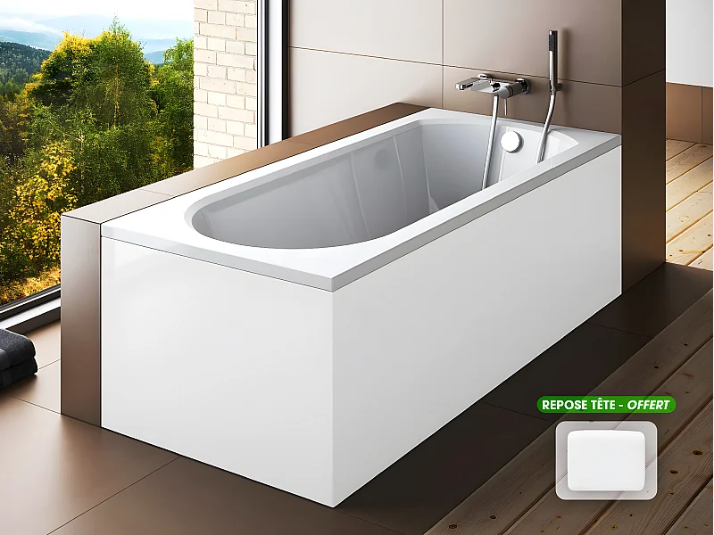 Baignoire rectangulaire - avec Tablier Blanc et Repose Tête OFFERT | INTRICA | 150 x75 cm
