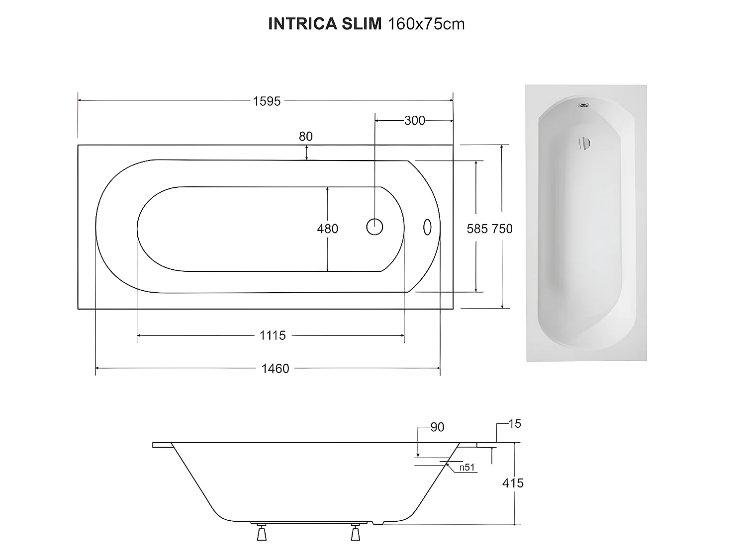 Baignoire rectangulaire blanche à encastrer + repose tête - 160 x 75 cm - INTRICA SLIM
