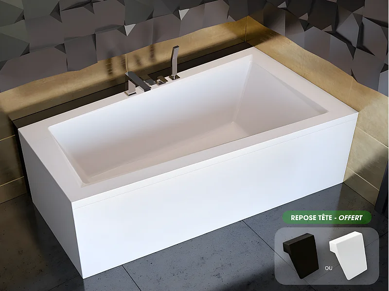 Baignoire asymétrique  + tablier blanc + repose tête - INTIMA - 160 x 90 cm - Droite