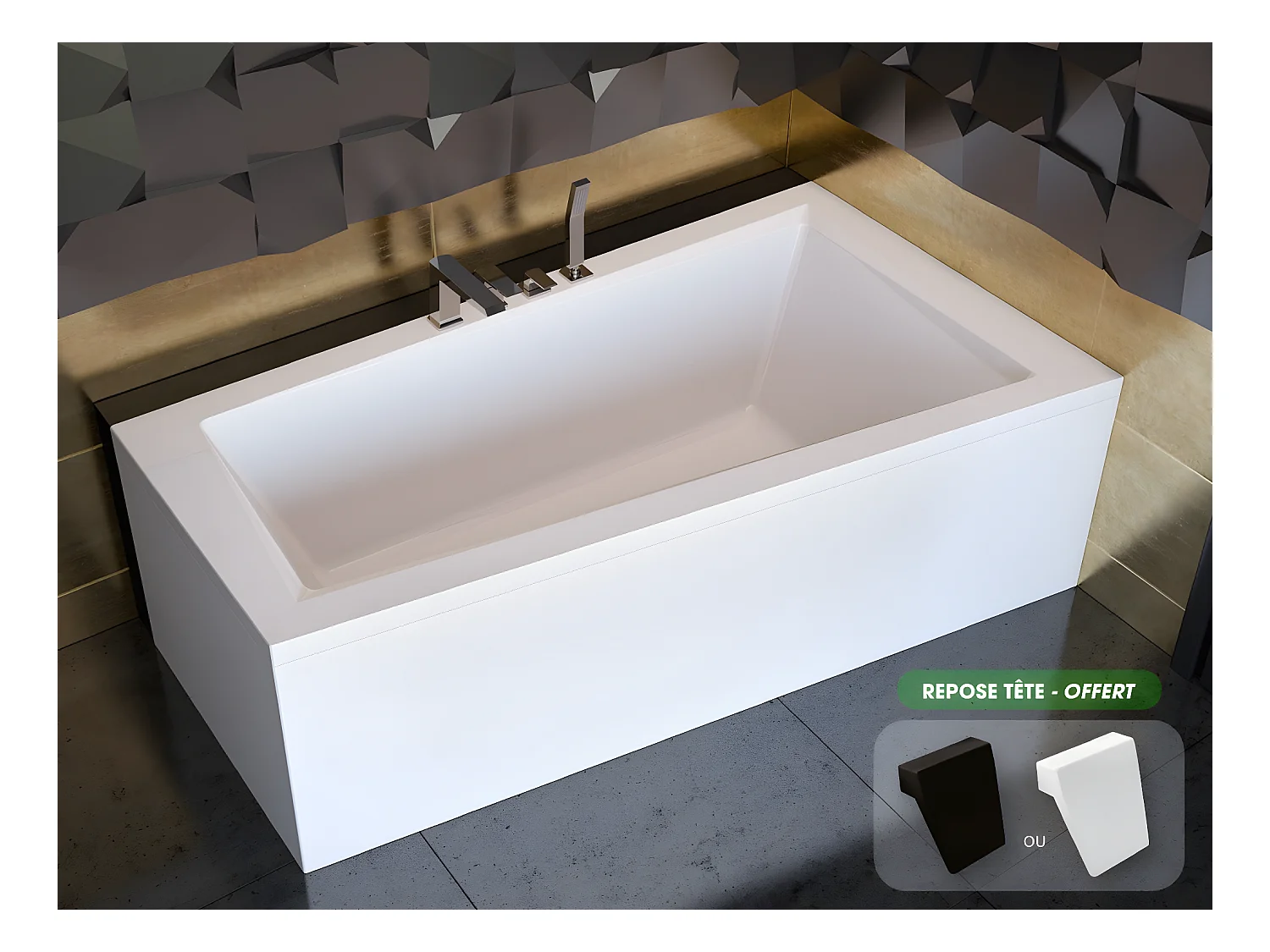 Baignoire asymétrique  + tablier blanc + repose tête - INTIMA - 160 x 90 cm - Droite