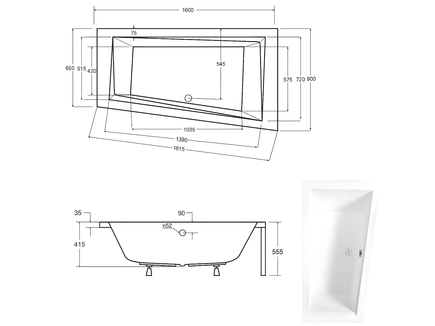 Baignoire asymétrique  + tablier blanc + repose tête - INTIMA - 160 x 90 cm - Droite