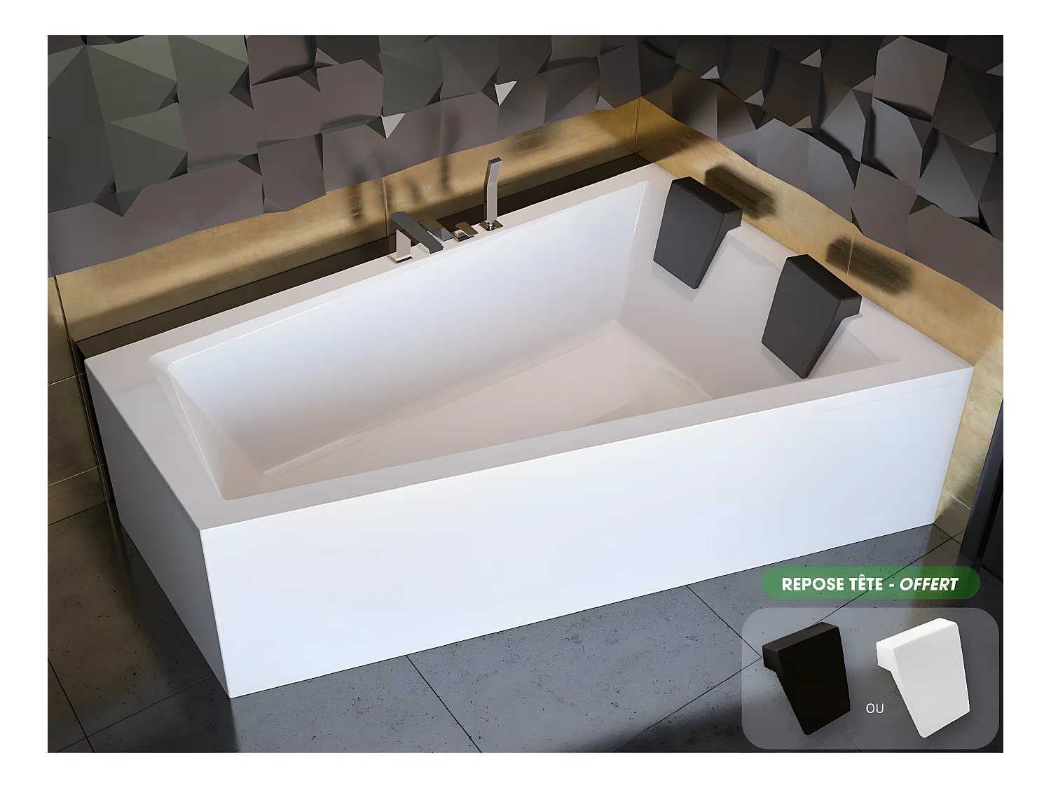 Baignoire asymétrique + tablier blanc + repose tête - INTIMA DUO - 180 cm x 125 cm - Droite