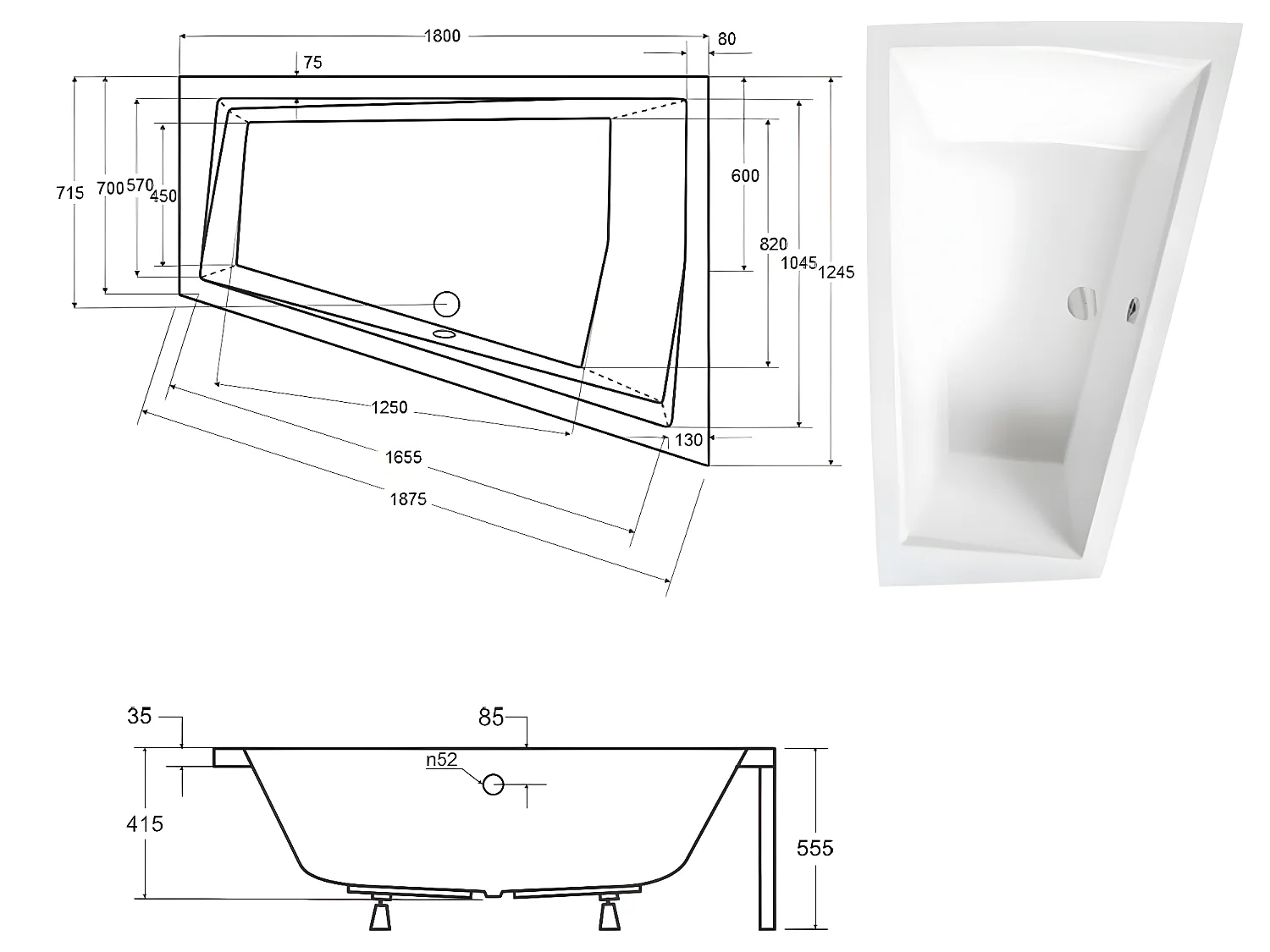 Baignoire asymétrique + tablier blanc + repose tête - INTIMA DUO - 180 cm x 125 cm - Droite