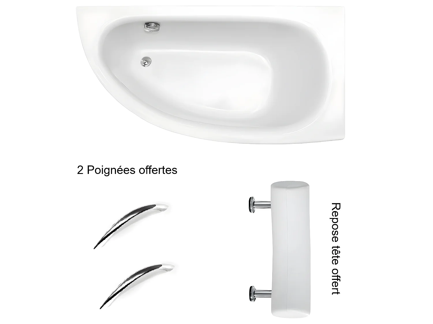 Baignoire asymétrique + tablier blanc + repose tête + poignées - MILENA PREMIUM - 150 x 70 cm - Gauche