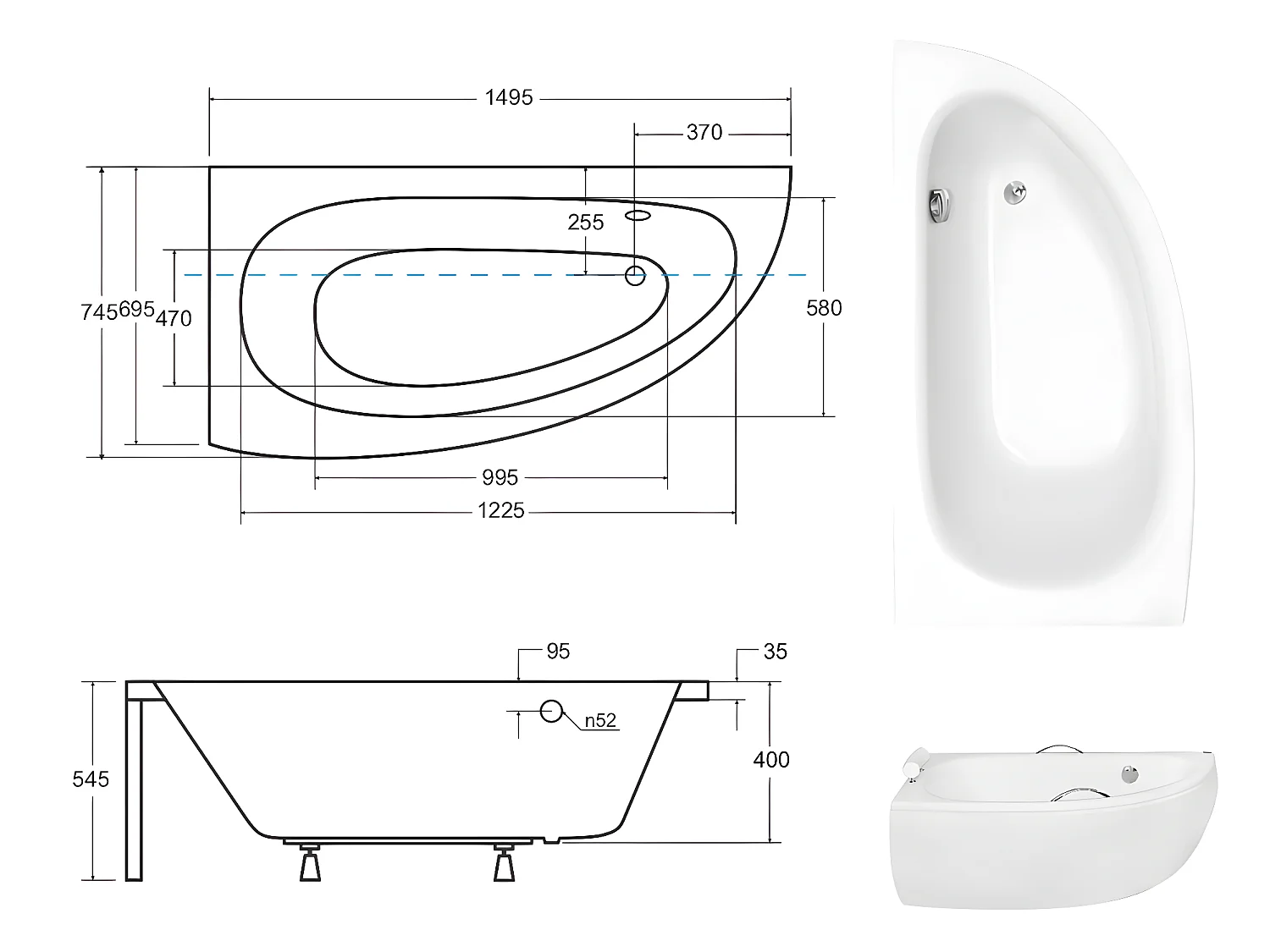 Baignoire asymétrique + tablier blanc + repose tête + poignées - MILENA PREMIUM - 150 x 70 cm - Gauche