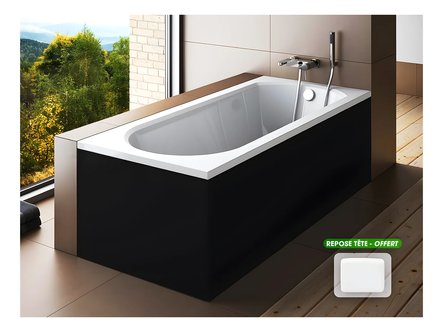 Baignoire rectangulaire - avec Tablier Noir Mat et Repose Tête OFFERT | INTRICA | 160 x75 cm