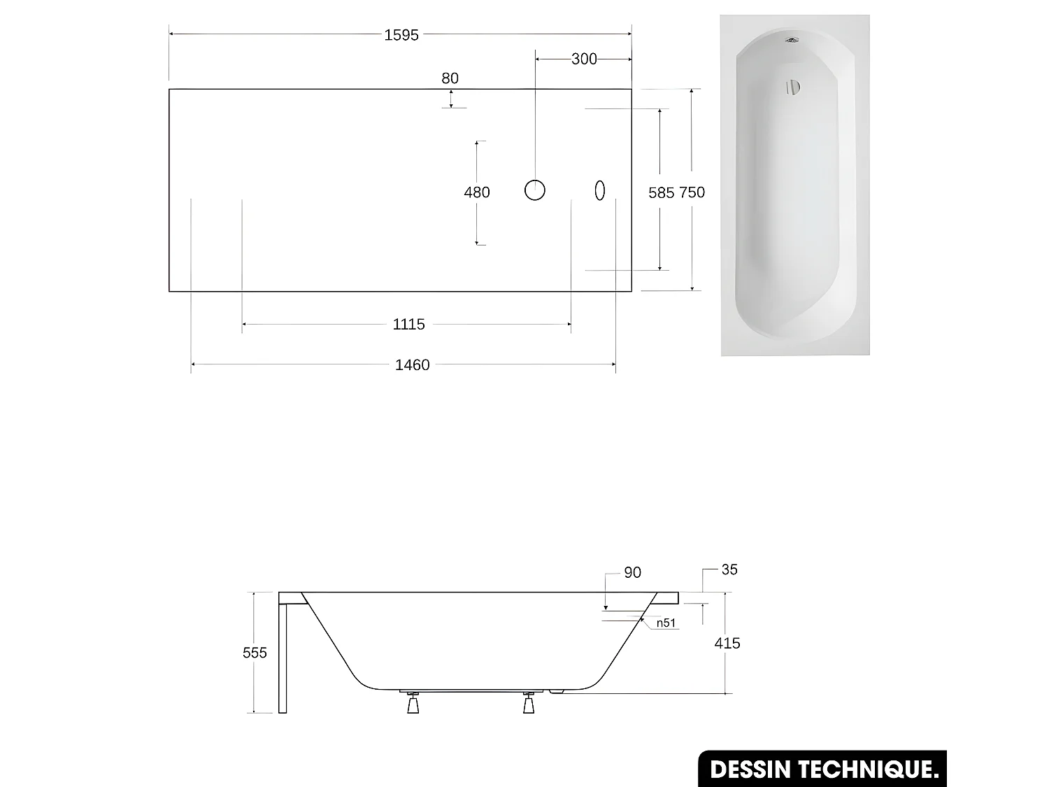 Baignoire rectangulaire - avec Tablier Noir Mat et Repose Tête OFFERT | INTRICA | 160 x75 cm