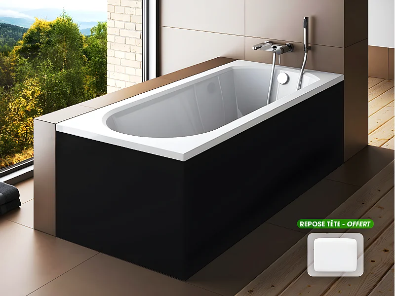 Baignoire rectangulaire - avec Tablier Noir Mat et Repose Tête OFFERT | INTRICA | 160 x75 cm