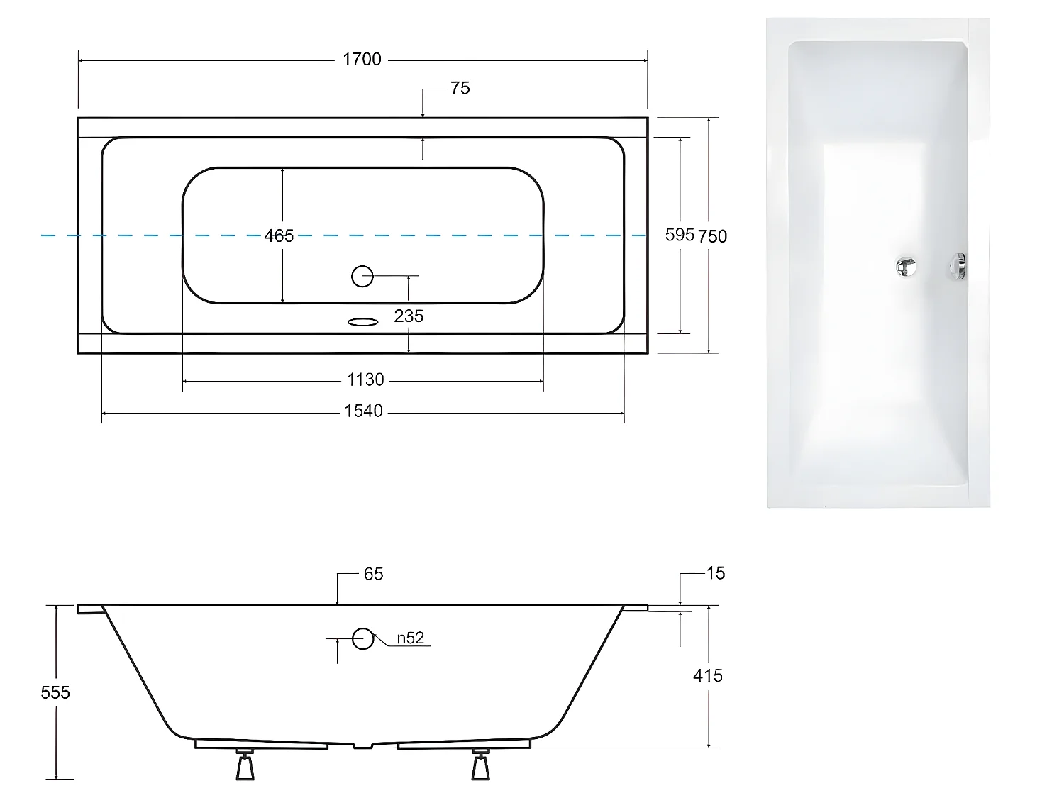 Baignoire rectangulaire blanc à encastrer - Repose Tête OFFERT - QUADRO SLIM - 170 x 75 cm