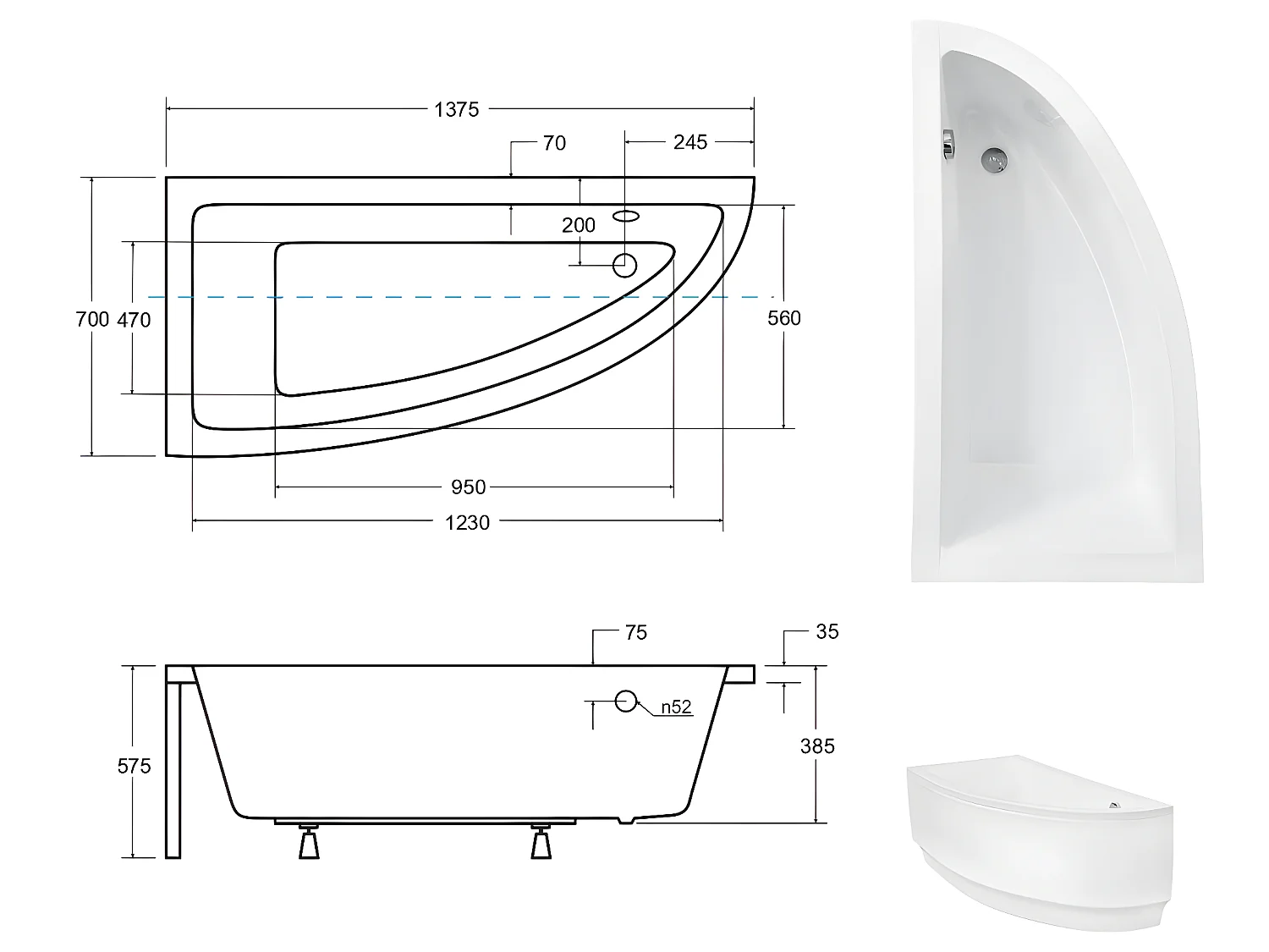 Baignoire asymétrique + tablier noir + repose tête - PRAKTIKA - 140 x 70 cm - Gauche