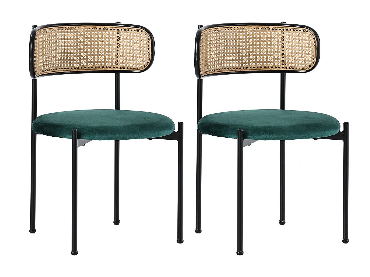 Ensemble de 2 chaises modernes en velours avec dossier en rotin, vert
