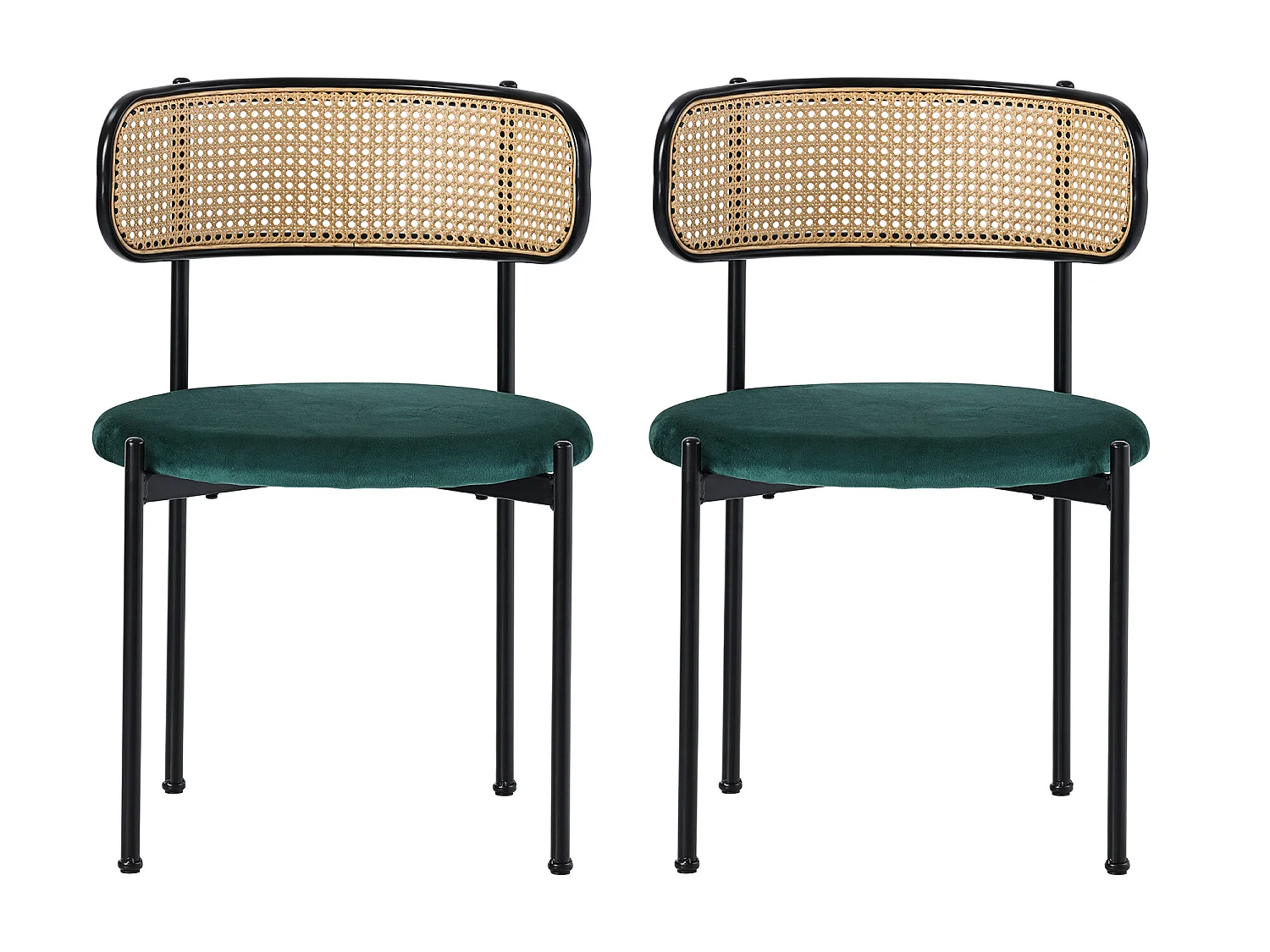 Ensemble de 2 chaises modernes en velours avec dossier en rotin, vert