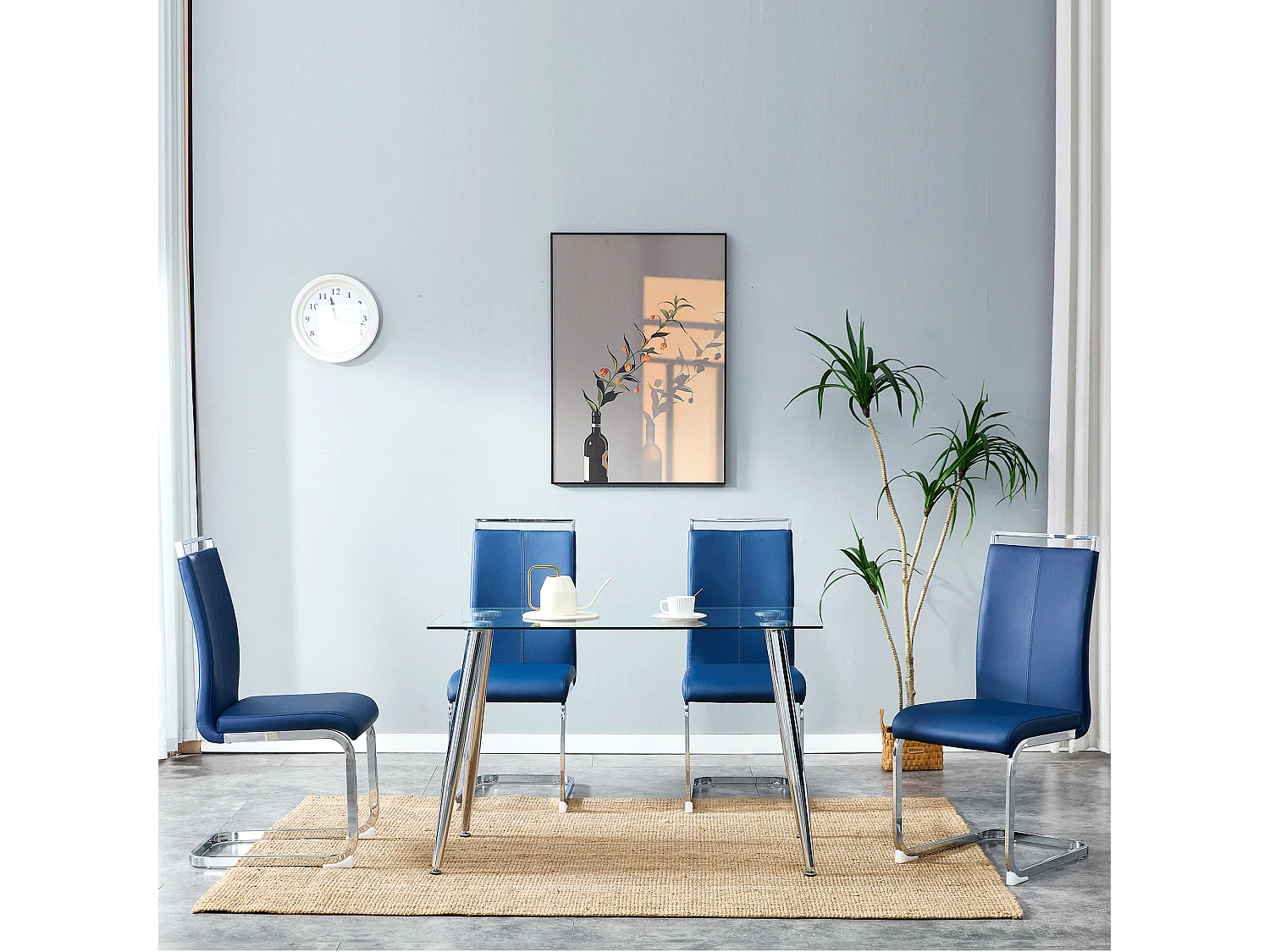 4 chaises de salle à manger modernes, cadre en métal chromé, bleu