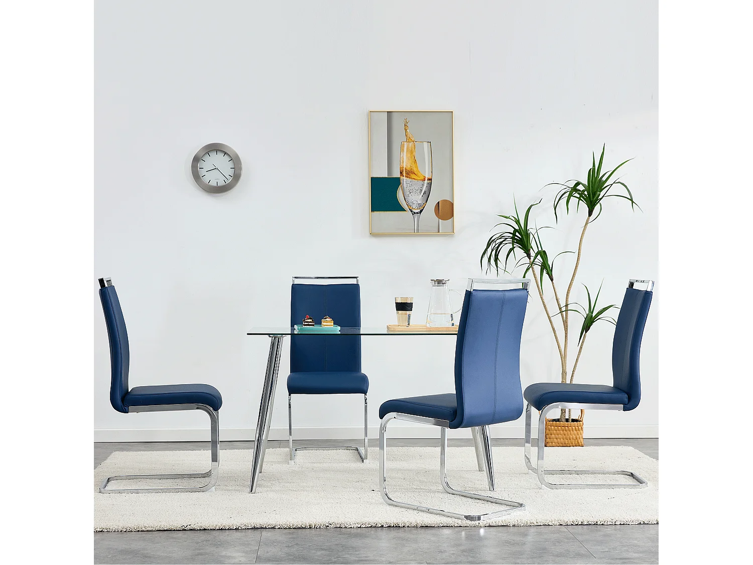 4 chaises de salle à manger modernes, cadre en métal chromé, bleu