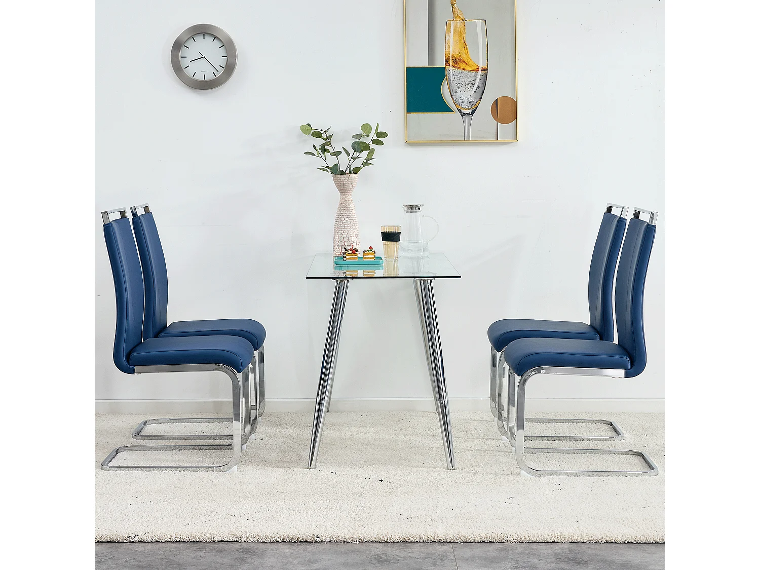 4 chaises de salle à manger modernes, cadre en métal chromé, bleu
