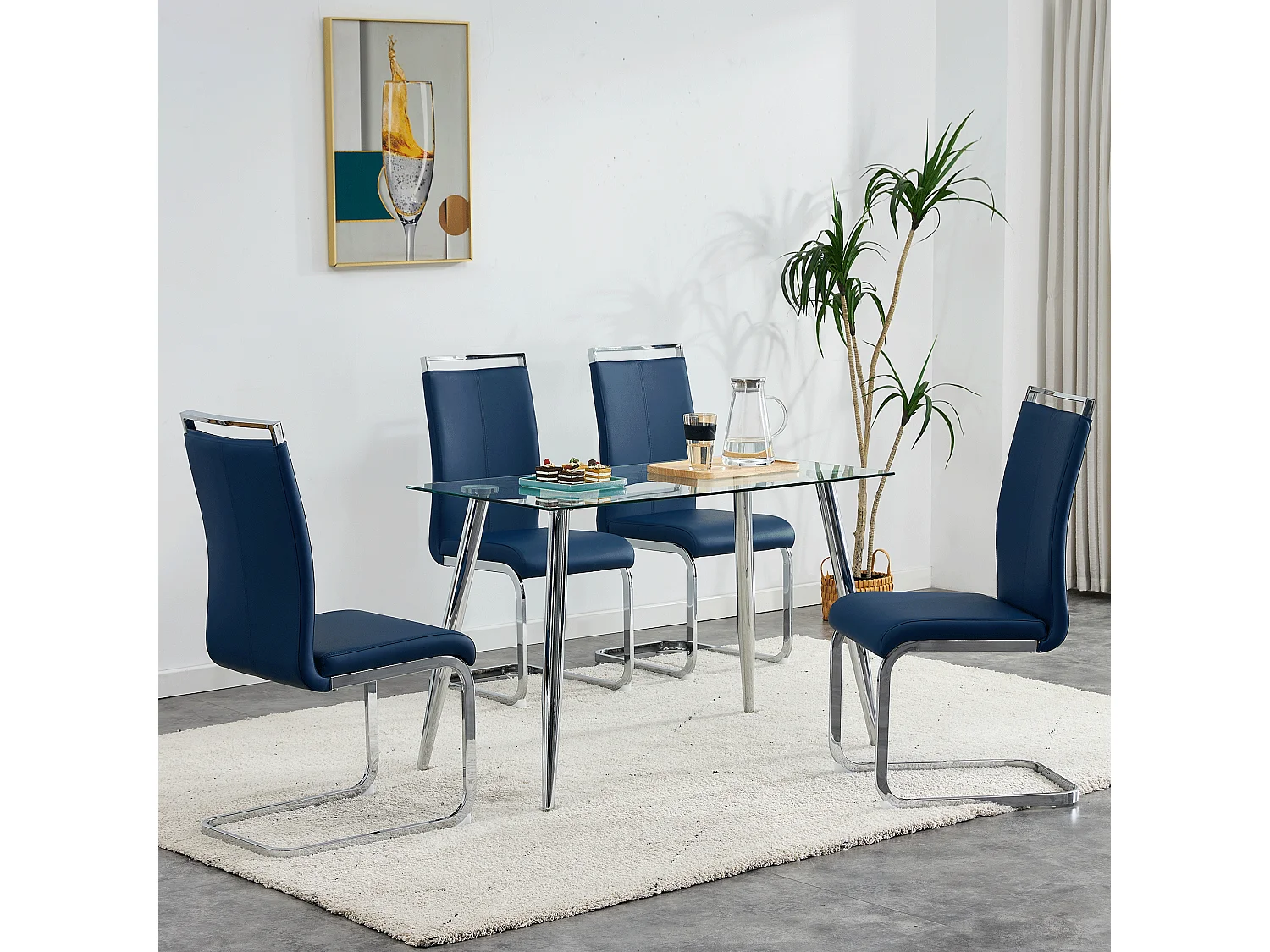 4 chaises de salle à manger modernes, cadre en métal chromé, bleu