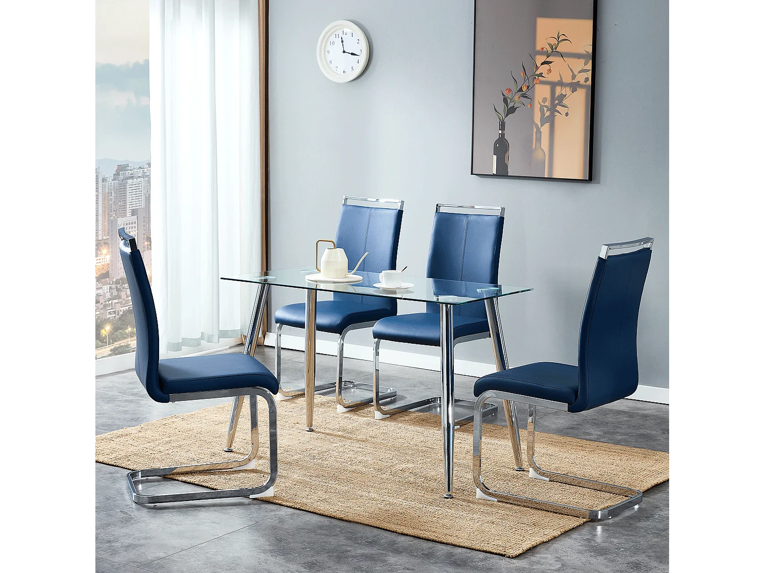 4 chaises de salle à manger modernes, cadre en métal chromé, bleu