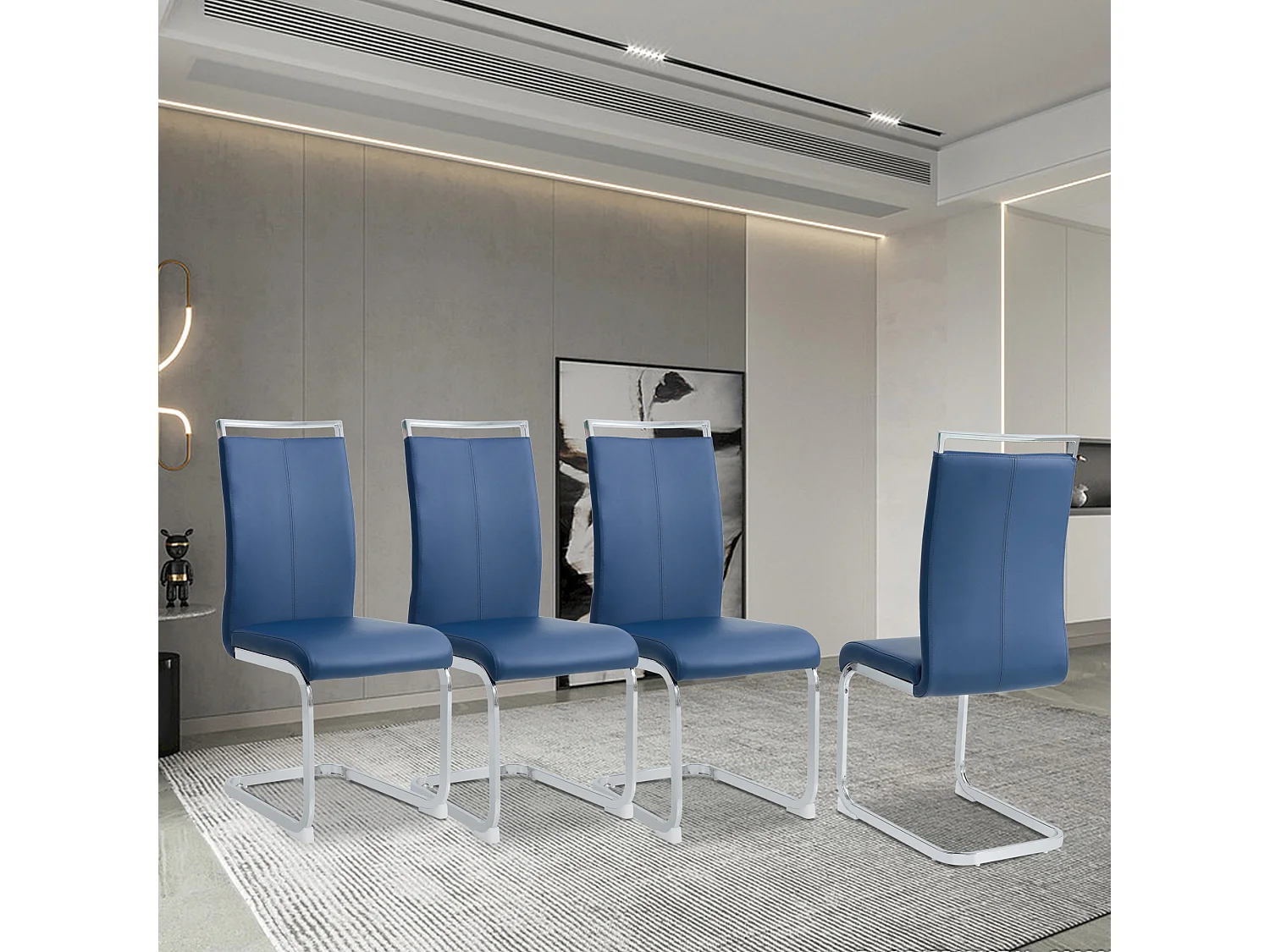 4 chaises de salle à manger modernes, cadre en métal chromé, bleu