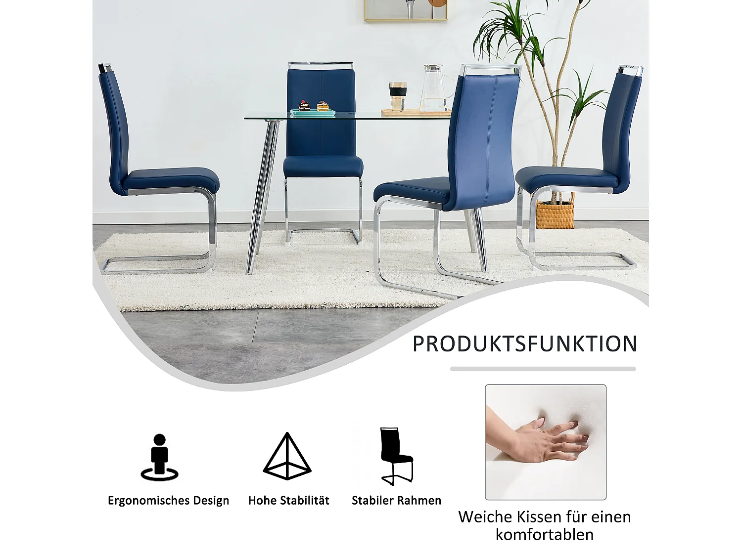 4 chaises de salle à manger modernes, cadre en métal chromé, bleu