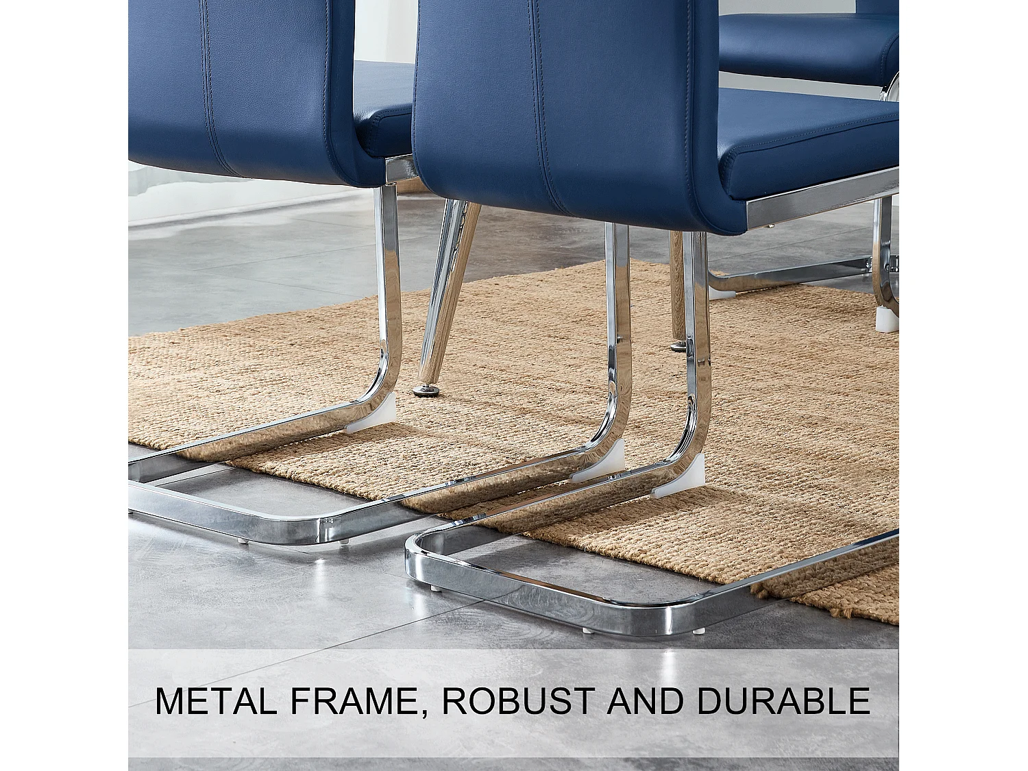 4 chaises de salle à manger modernes, cadre en métal chromé, bleu