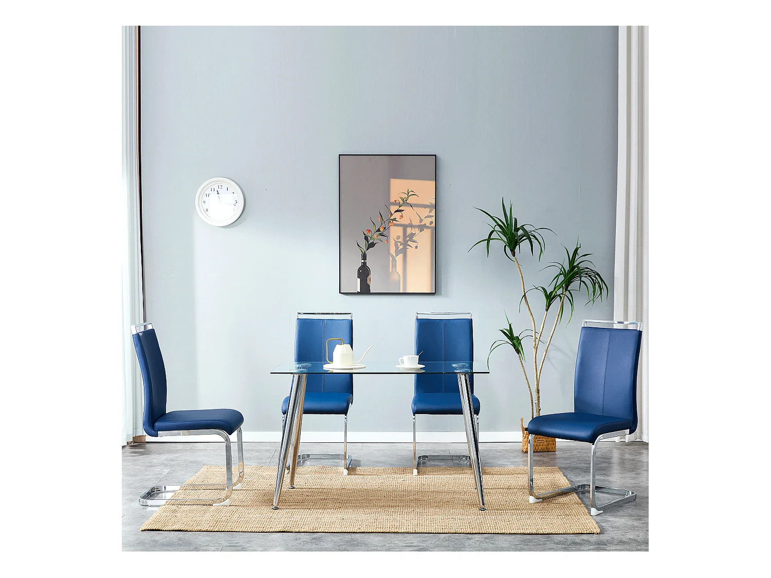 4 moderne eetkamerstoelen, chroom metalen frame, blauw