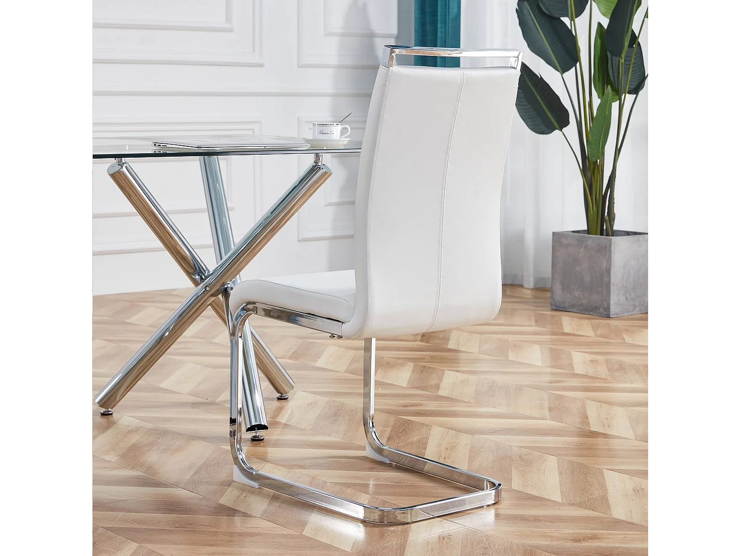 Chaise freischwinger en métal chromé, set de 4, capacité de charge jusqu'à 120 kg, blanc