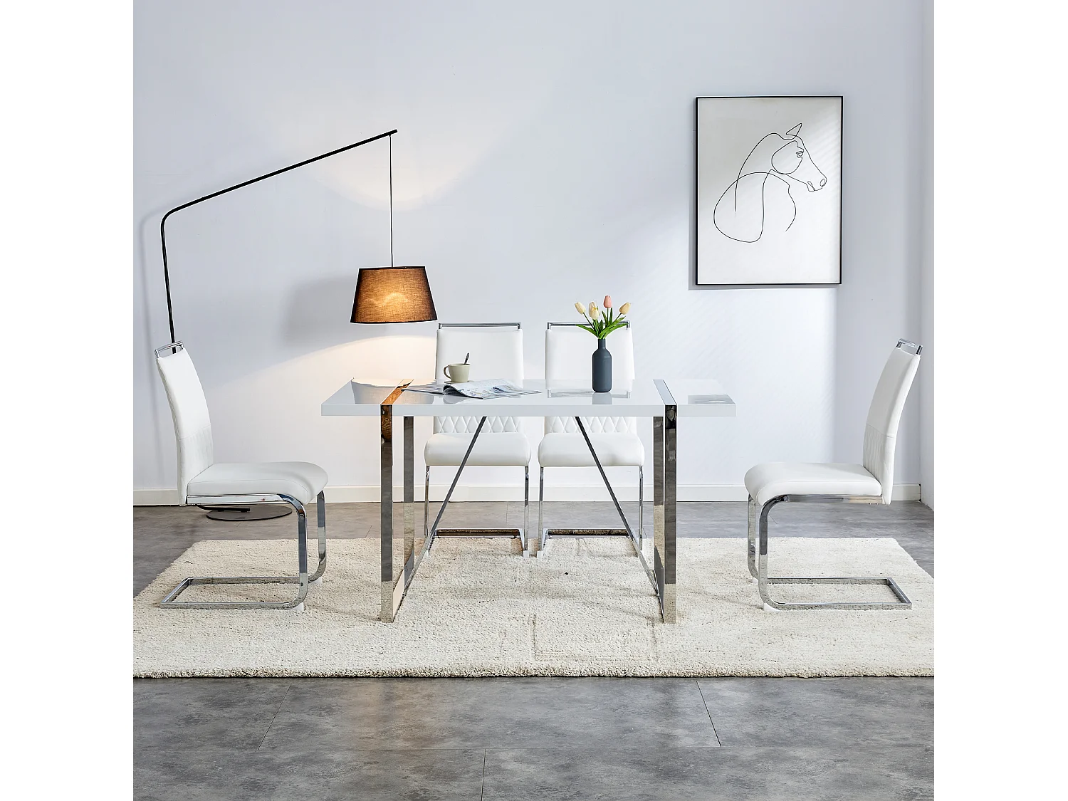 Silla moderna con respaldo alto de piel sintética y lino, asiento cómodo para comedor o cocina, color blanco, juego de 4