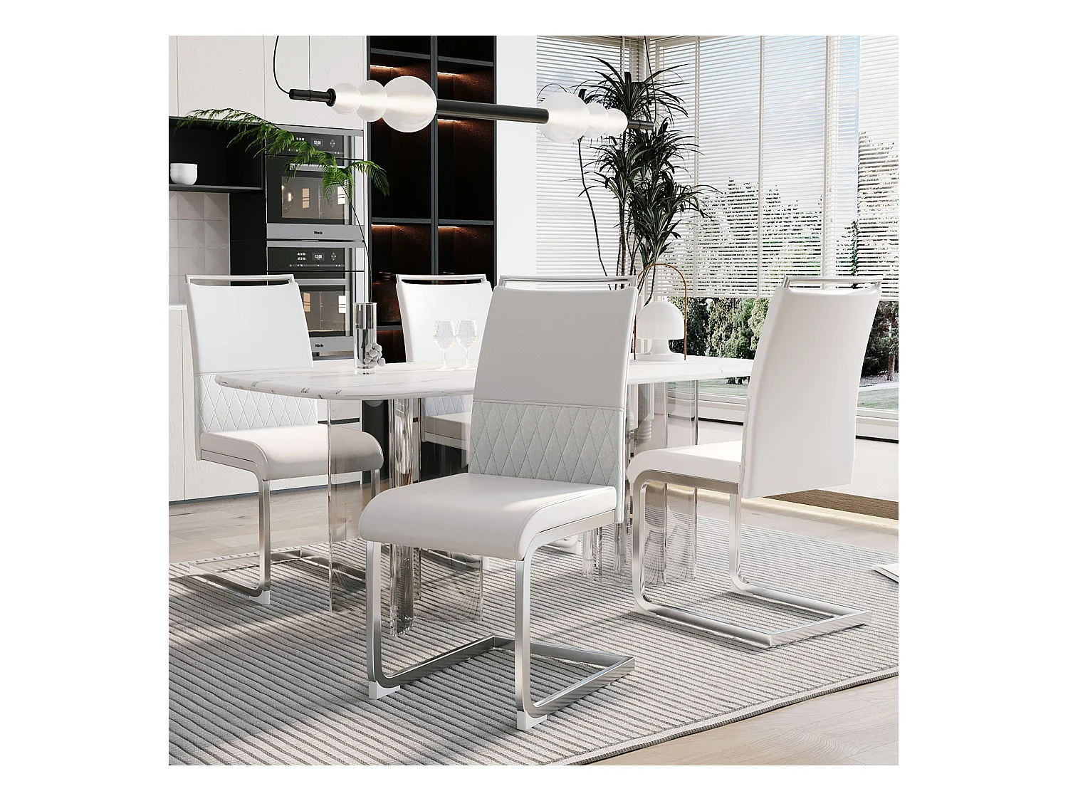 Cadeira moderna com encosto alto em couro PU e linho, assento confortável para sala de jantar e cozinha, conjunto branco com 4 cadeiras