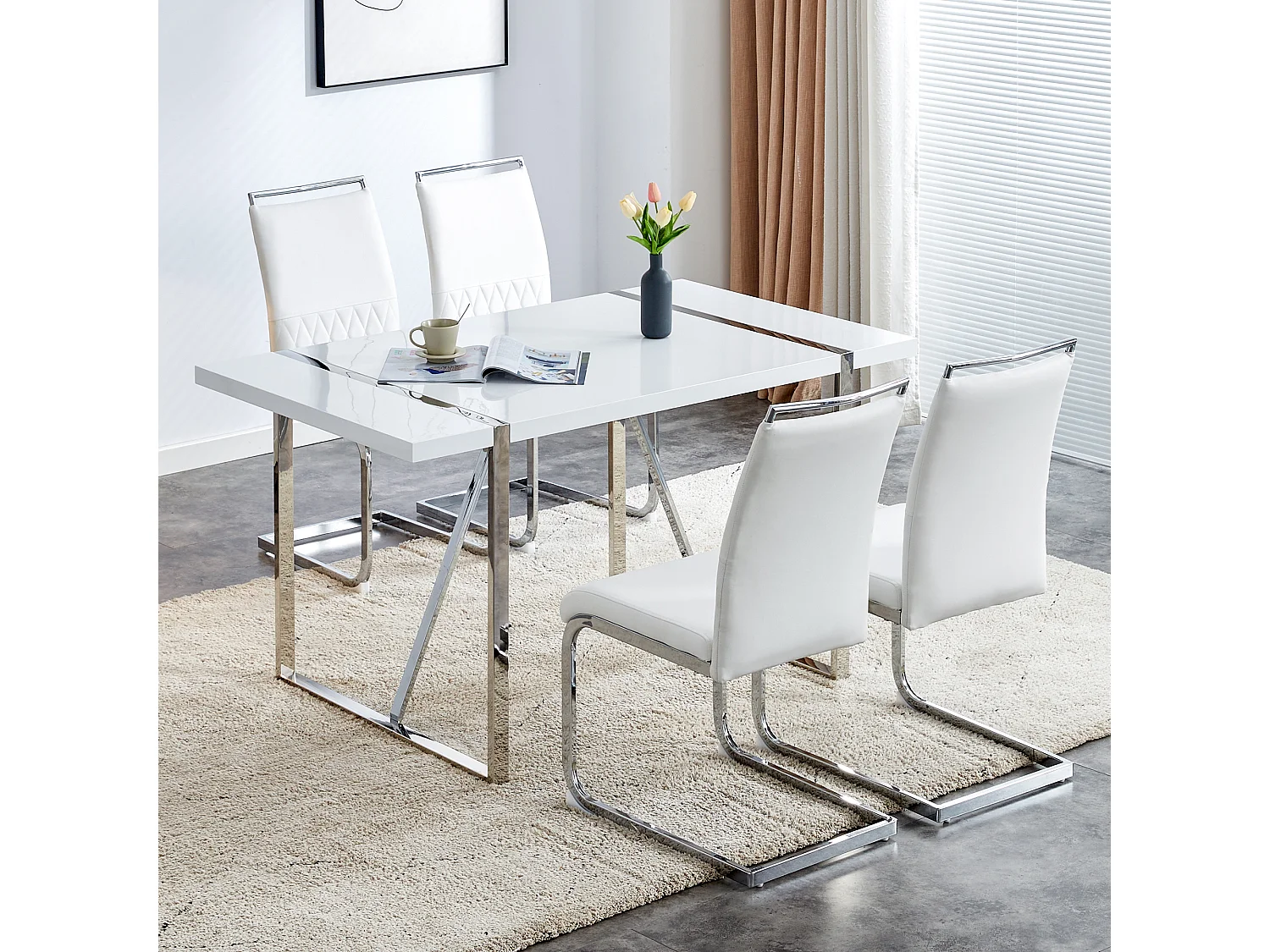 Moderner Stuhl mit hoher Rückenlehne, PU-Leder und Leinen, bequemer Sitz, Esszimmer, Küche, weiß, 4er-Set