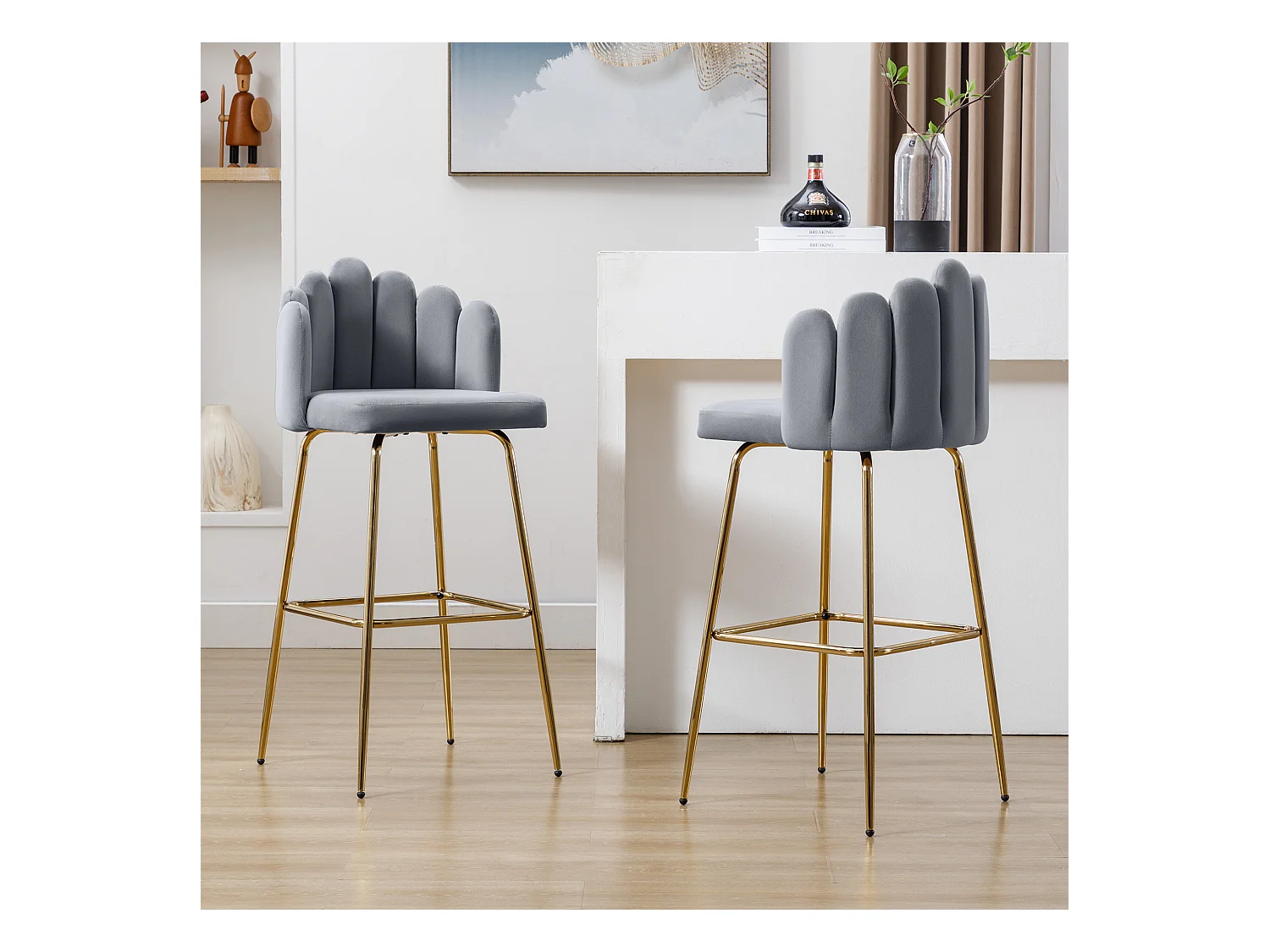 Set van 4 bloemblaadjevormige fluwelen stoelen, grijs