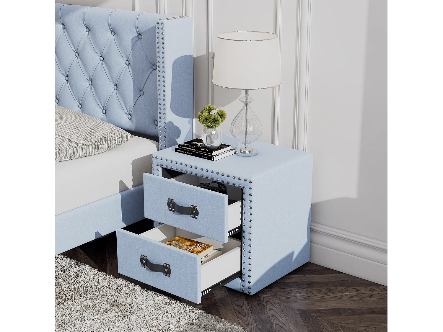 Nachtkastje met 2 laden in blauw linnen, moderne stijl