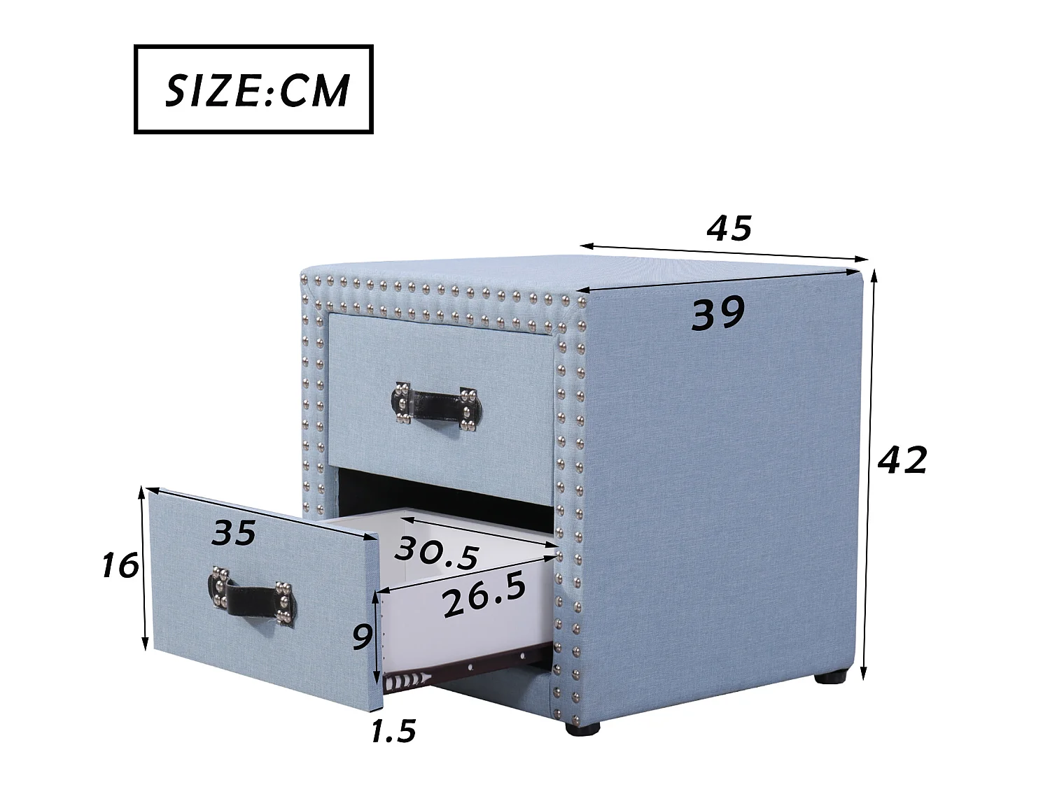 Nachtkastje met 2 laden in blauw linnen, moderne stijl
