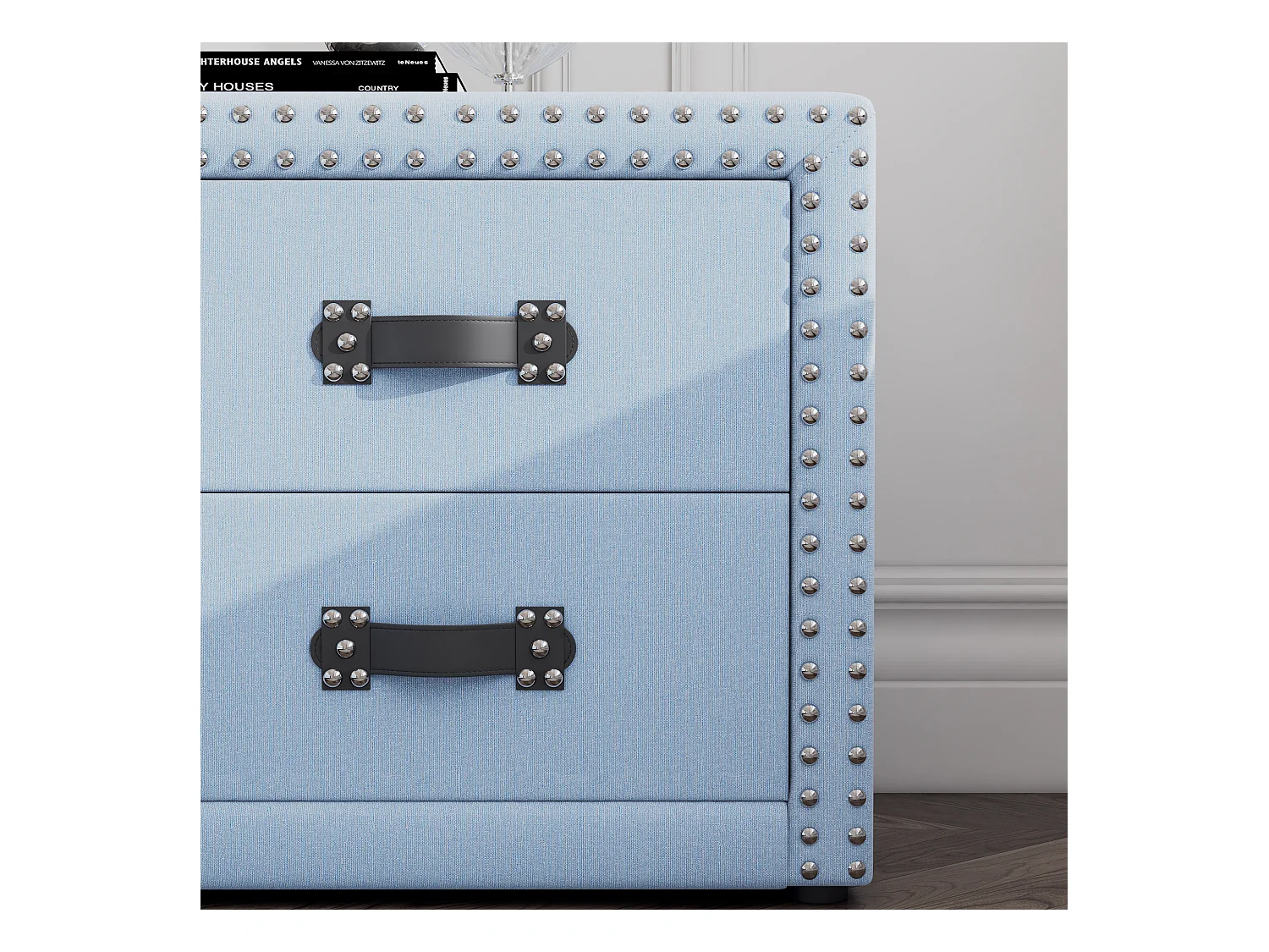 Nachtkastje met 2 laden in blauw linnen, moderne stijl