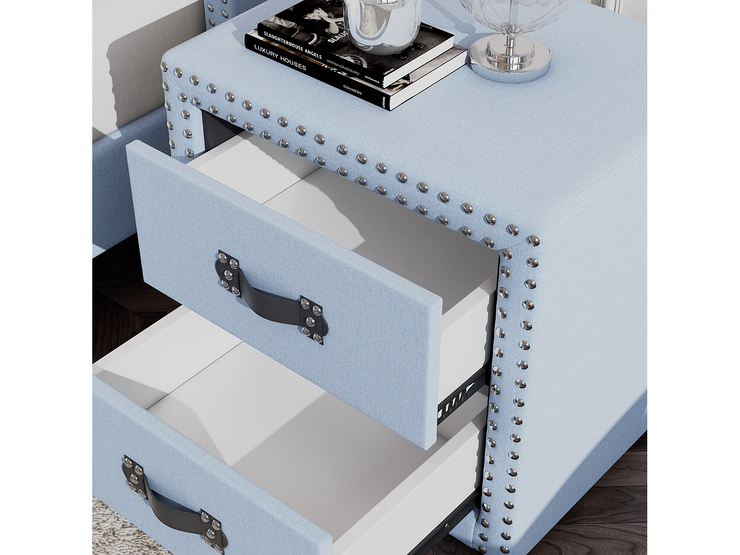 Nachtkastje met 2 laden in blauw linnen, moderne stijl