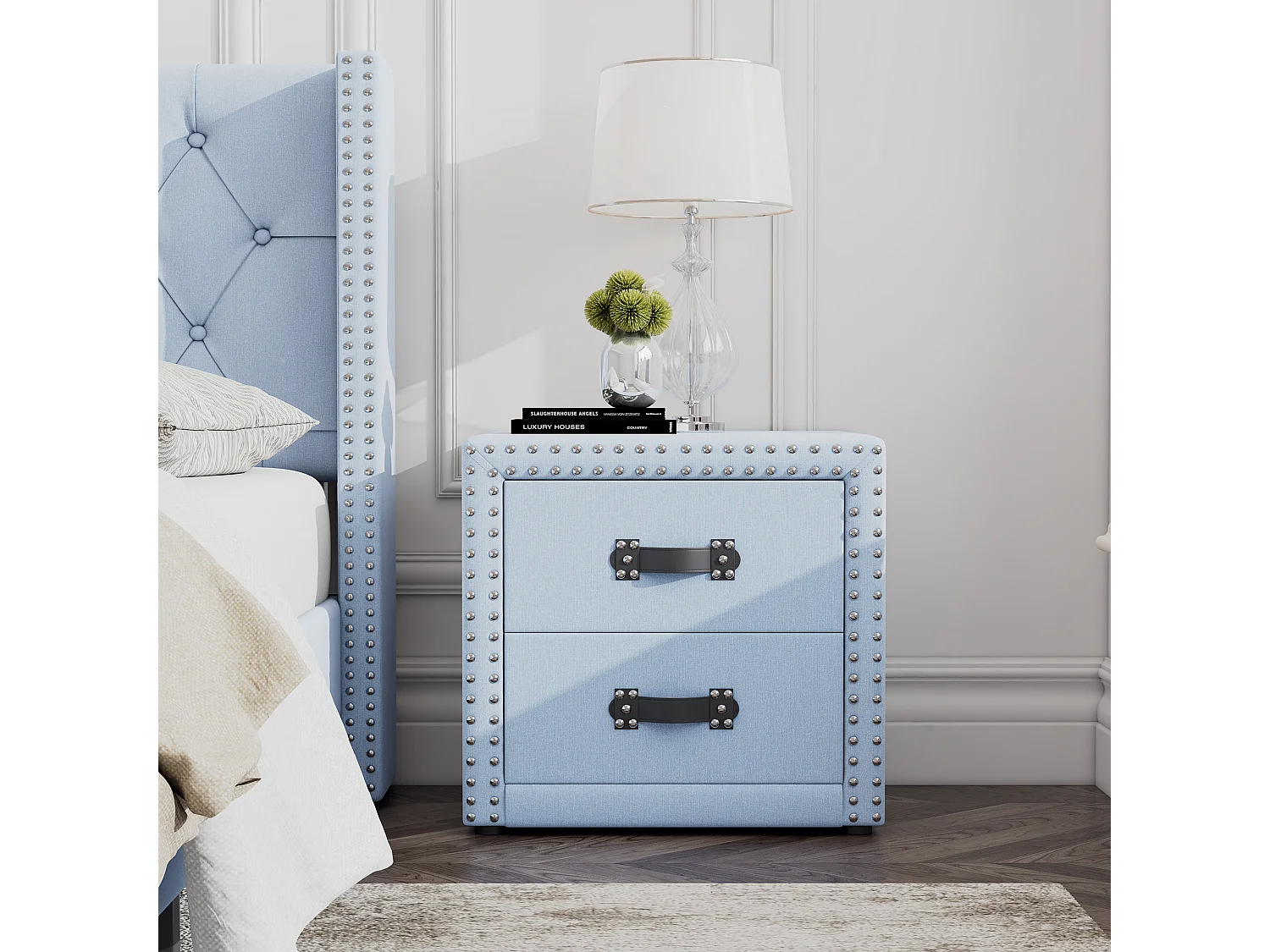 Nachtkastje met 2 laden in blauw linnen, moderne stijl