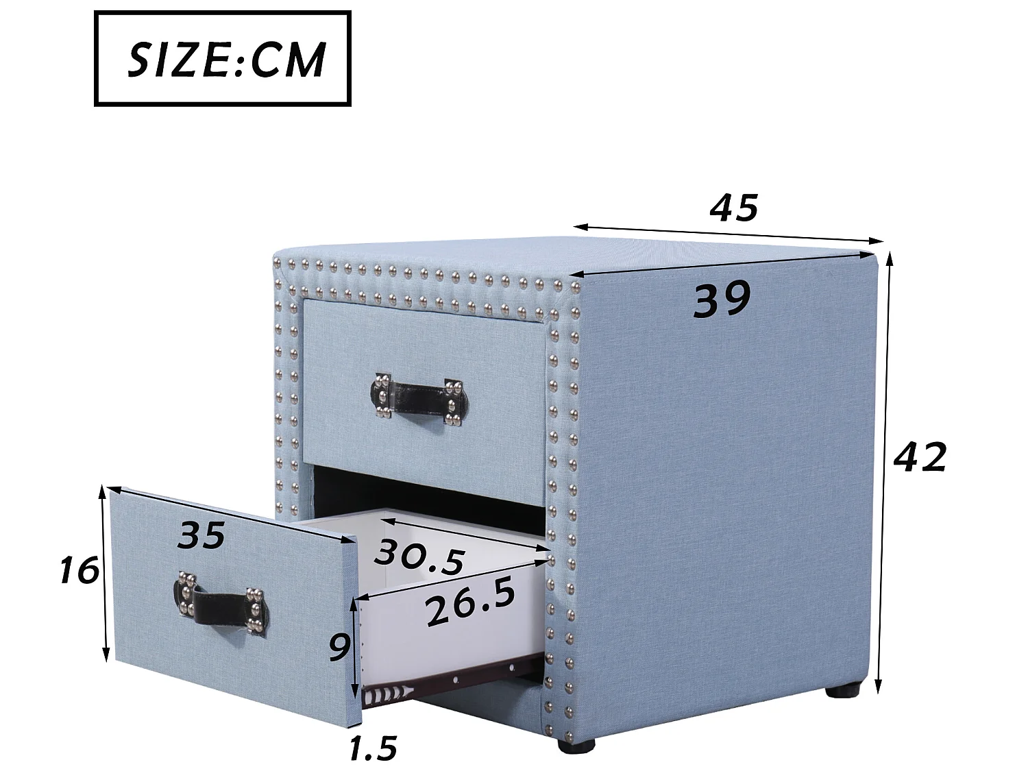 Nachtkastje met 2 laden in blauw linnen, moderne stijl