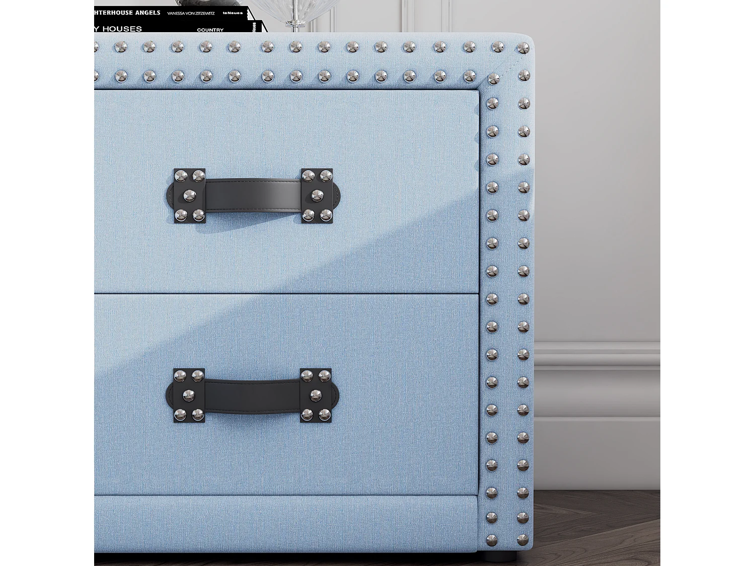 Nachtkastje met 2 laden in blauw linnen, moderne stijl