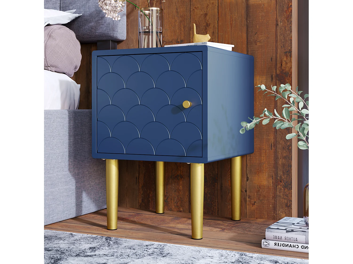 Table de chevet fsc certifiée, marine, avec motif d'écailles de poisson h50/l35/p35 cm