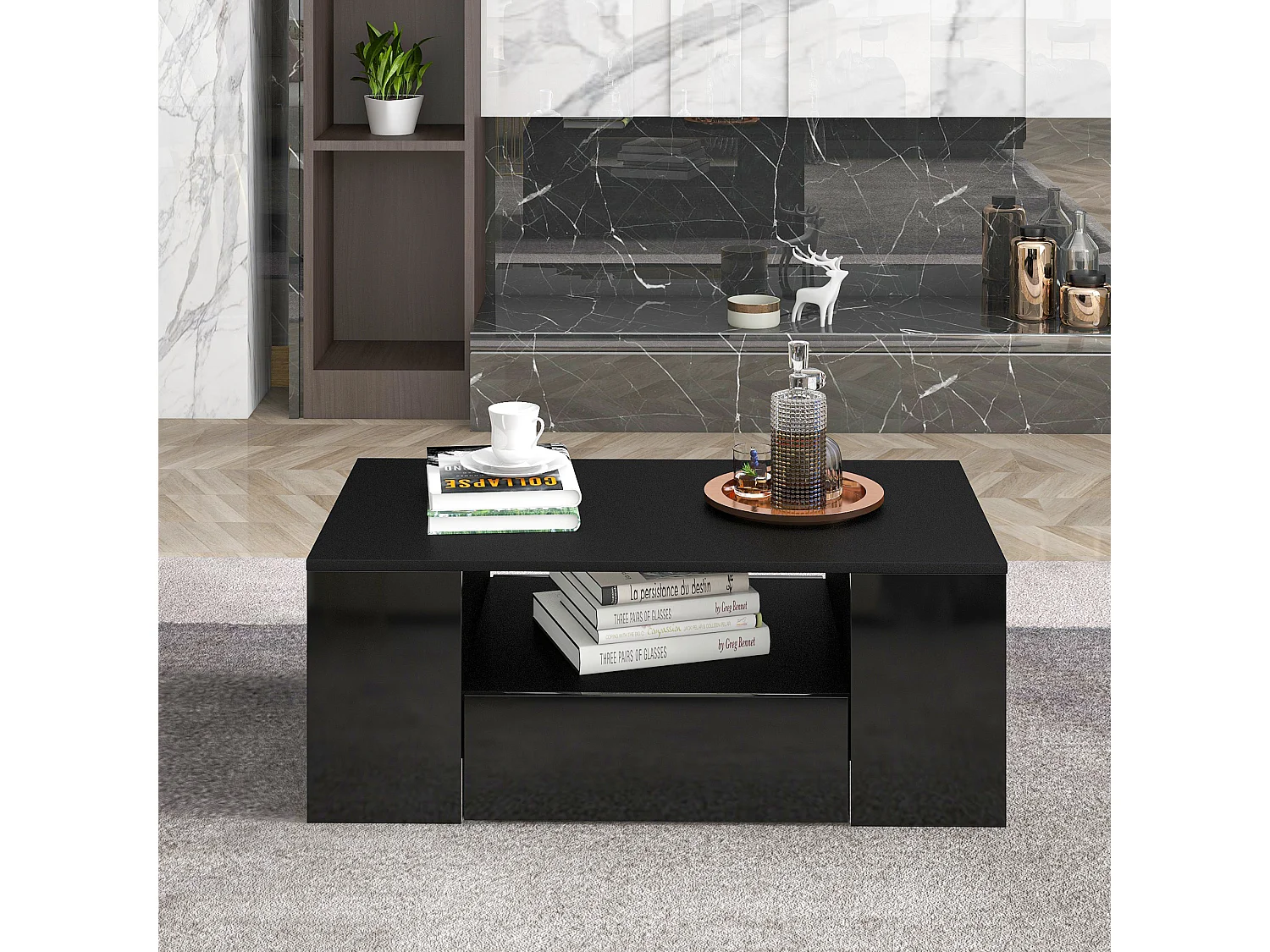 Tavolino moderno in laccato lucido, mobile soggiorno extra LED (95 x 53 x 37 cm)