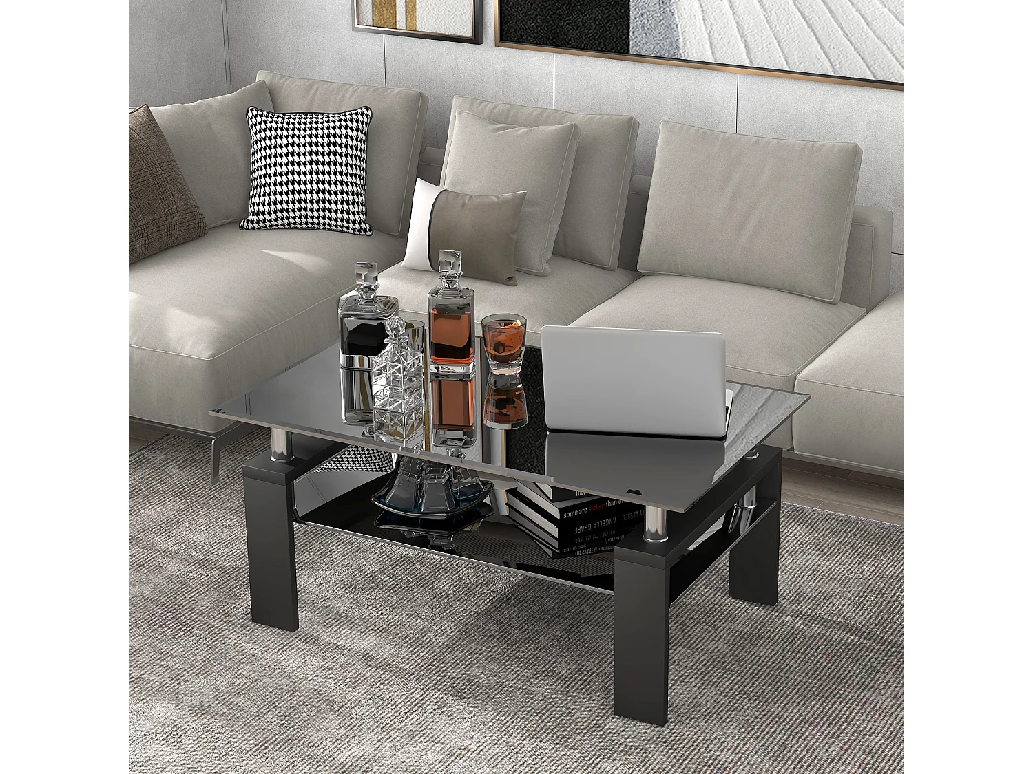 Mesa de centro moderna de vidrio templado, rectángulo negro con estante inferior y patas de madera