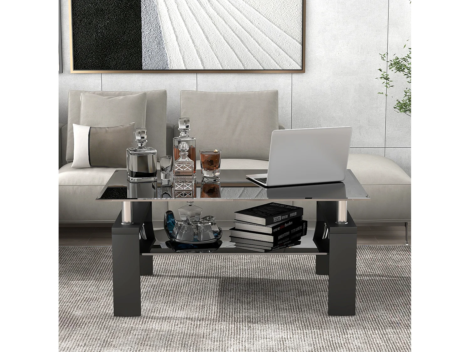 Mesa de centro moderna de vidrio templado, rectángulo negro con estante inferior y patas de madera