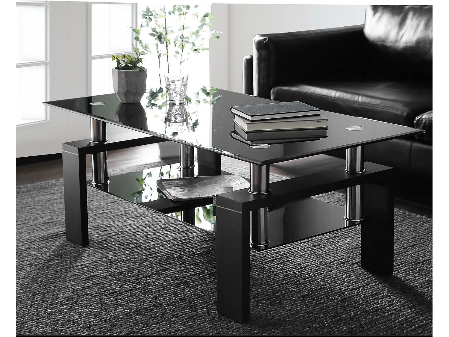Mesa de centro moderna de vidrio templado, rectángulo negro con estante inferior y patas de madera